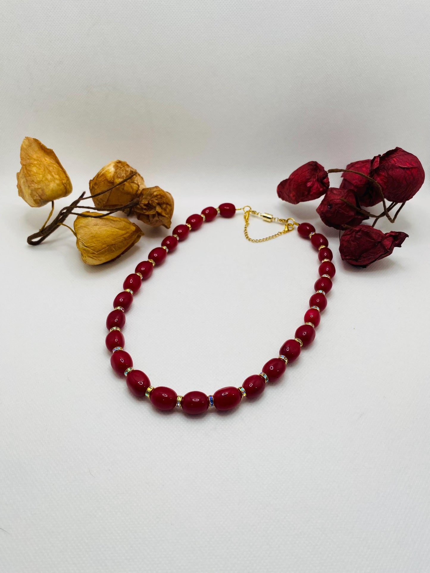 Red Jade Gemstone Necklace: Rhinestone Rondelles, Magnetic Clasp