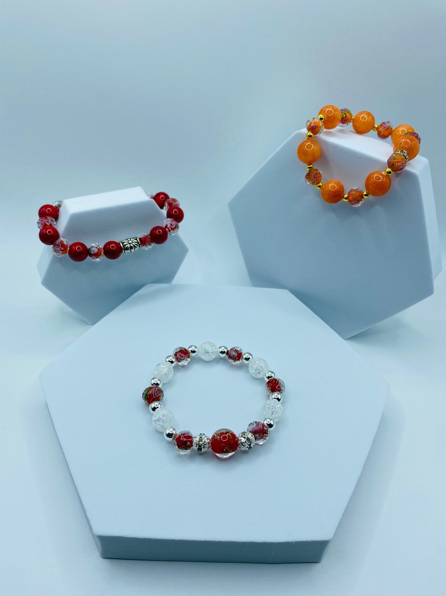 Lampwork Floral Glass Bead Bracelet: Crystal Quartz & Hematite