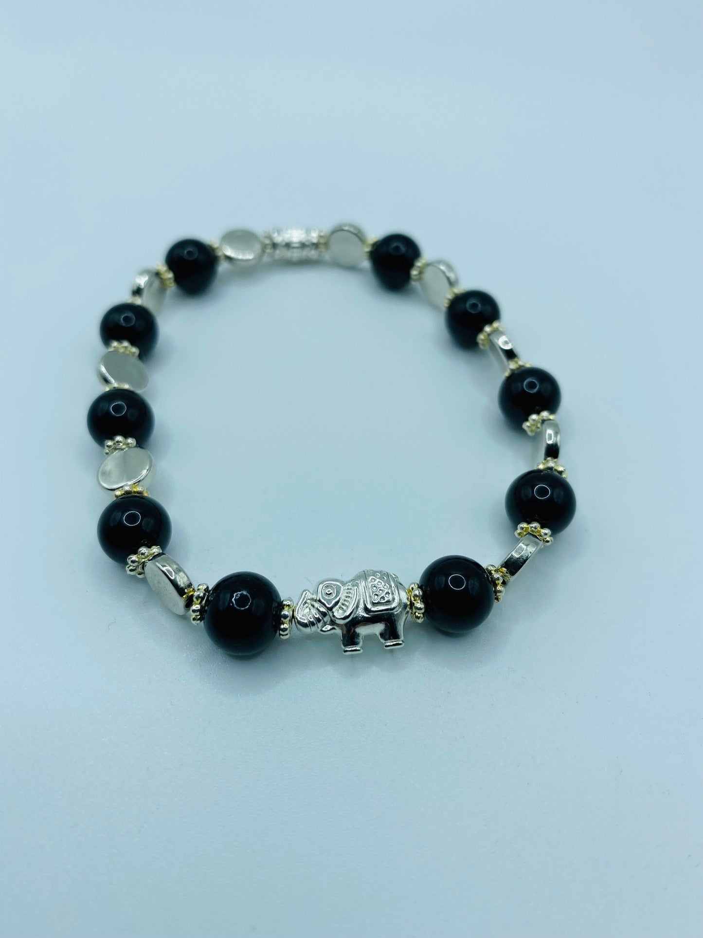 Elephant Charm Bracelet: Black Onyx Gemstone Beads, White Gold Accents