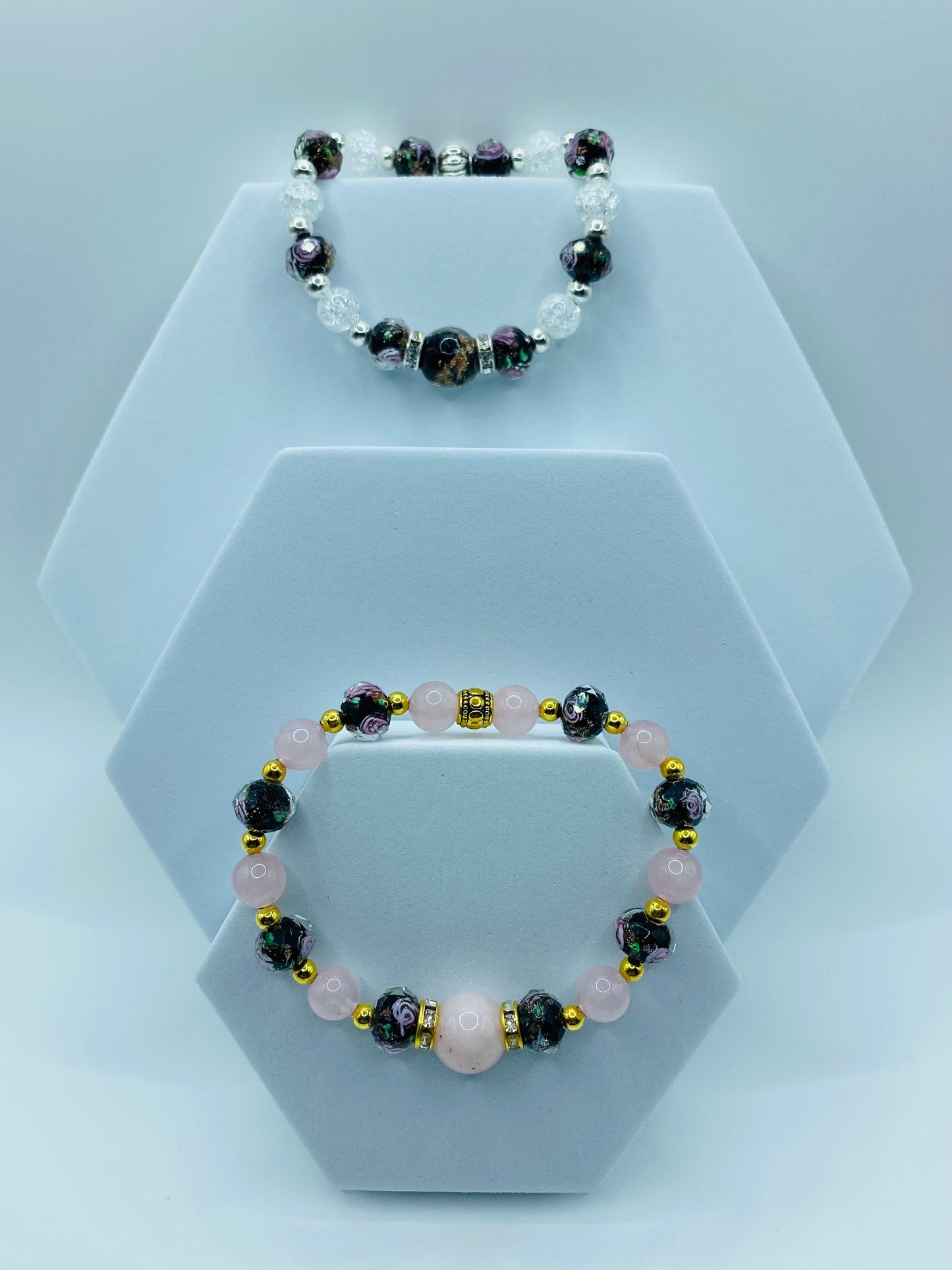 Rose Quartz Bracelet: Lampwork Flower Glass & Gold-Plated Hematite Beads