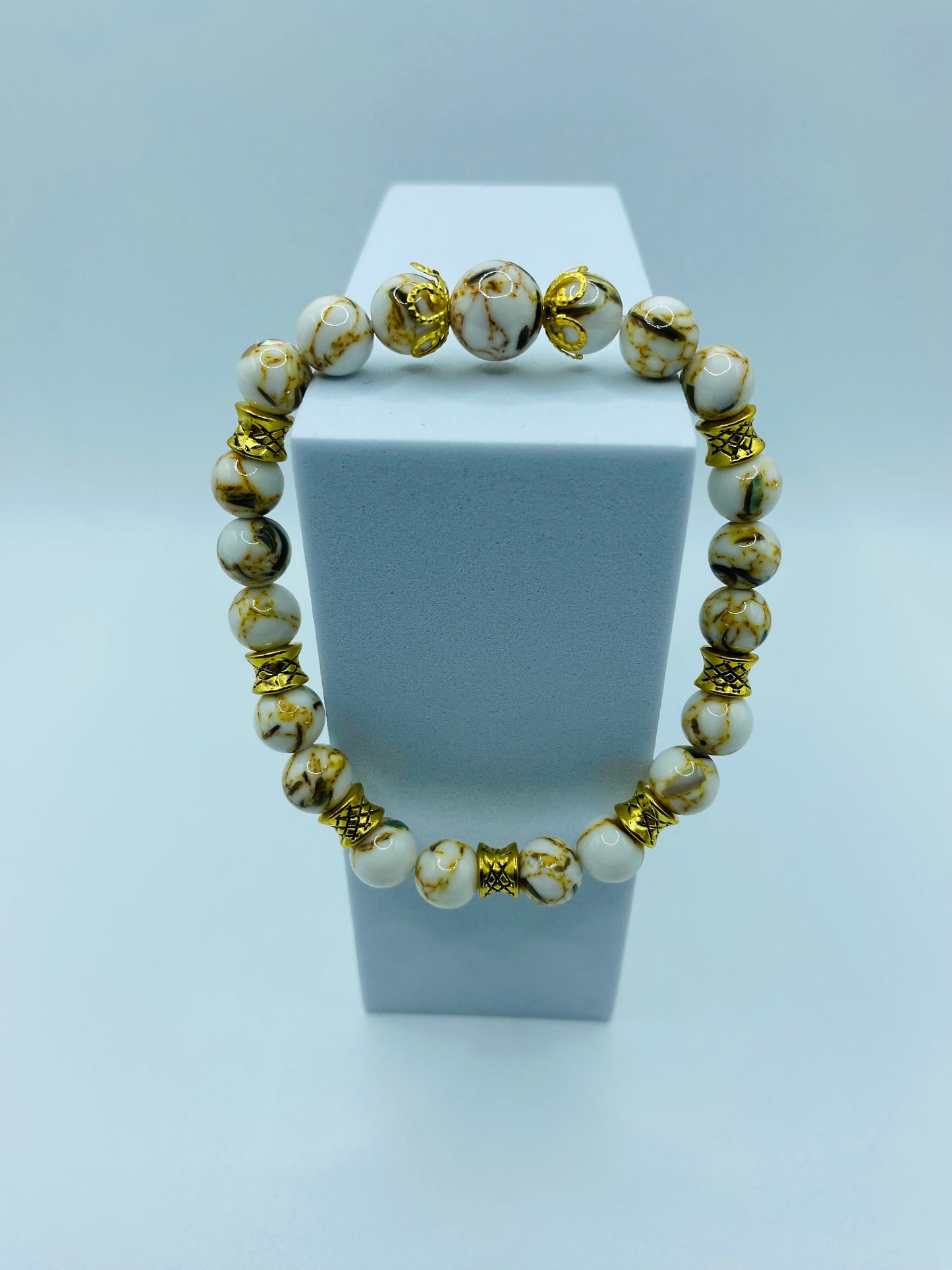 Handmade White Turquoise Bracelet: Tibetan Gold Spacers