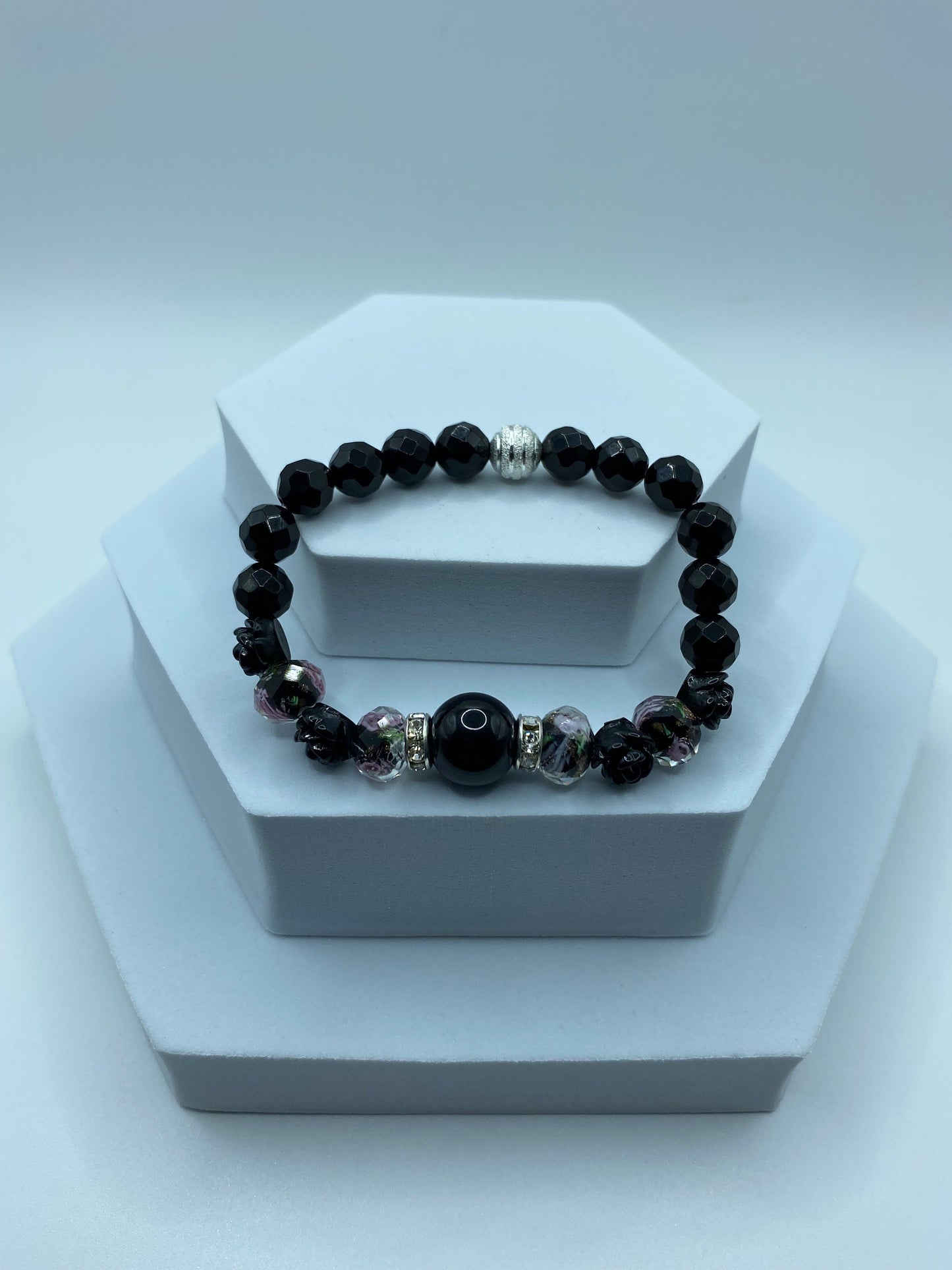 Black Onyx Bracelet: Lampwork Floral Glass Beads & Roses