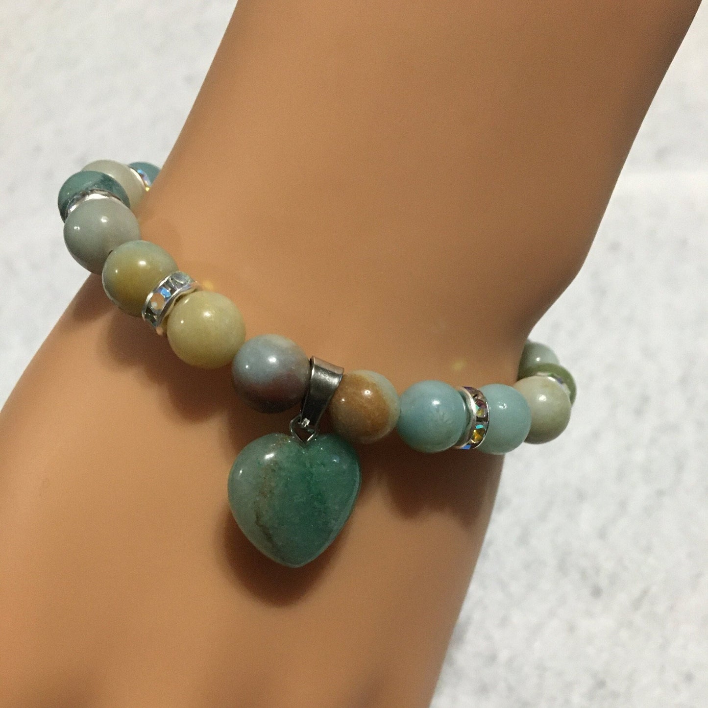 Handmade Amazonite Heart Charm Bracelet: Gemstone Bead Jewelry