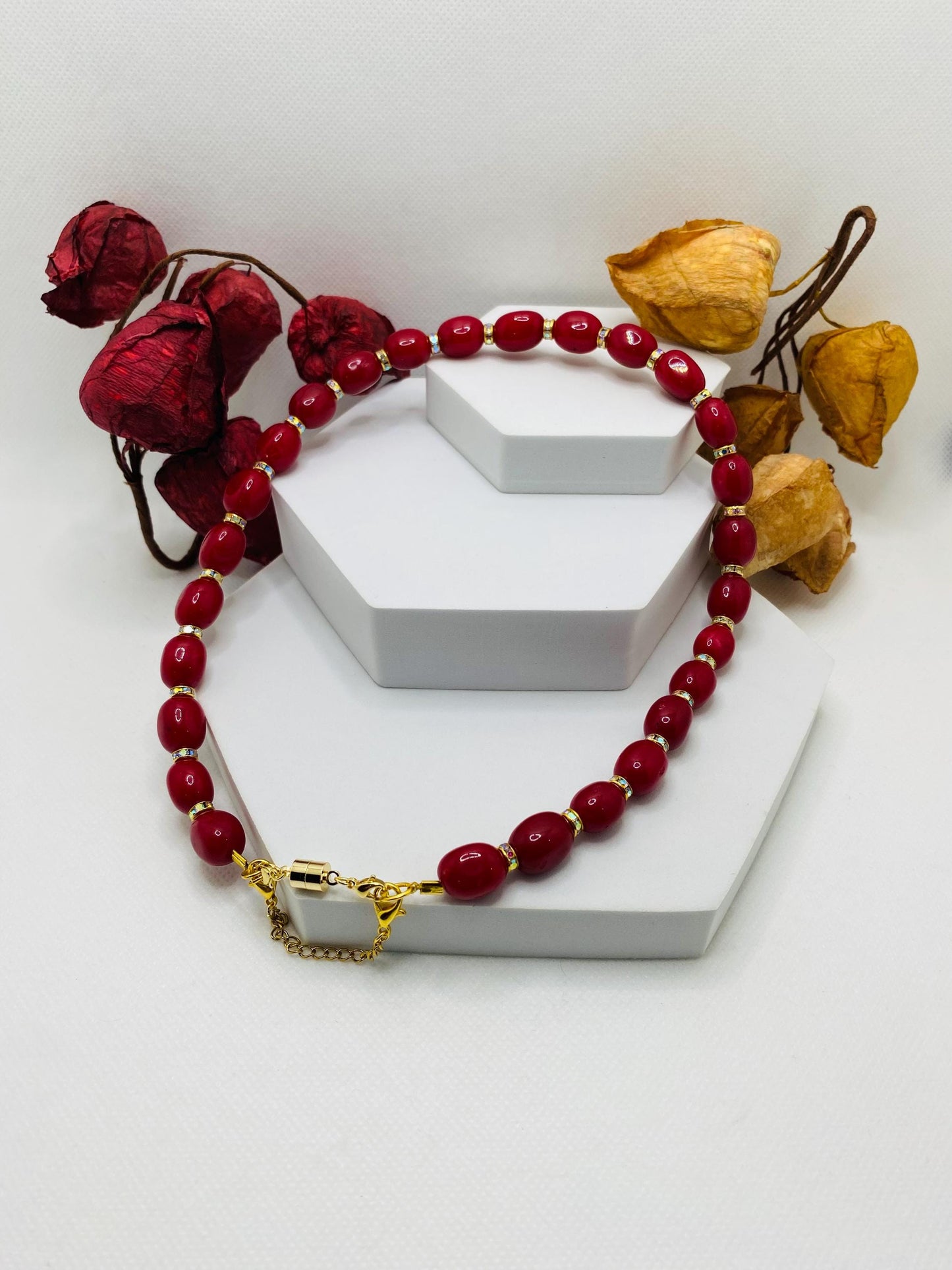 Red Jade Gemstone Necklace: Rhinestone Rondelles, Magnetic Clasp