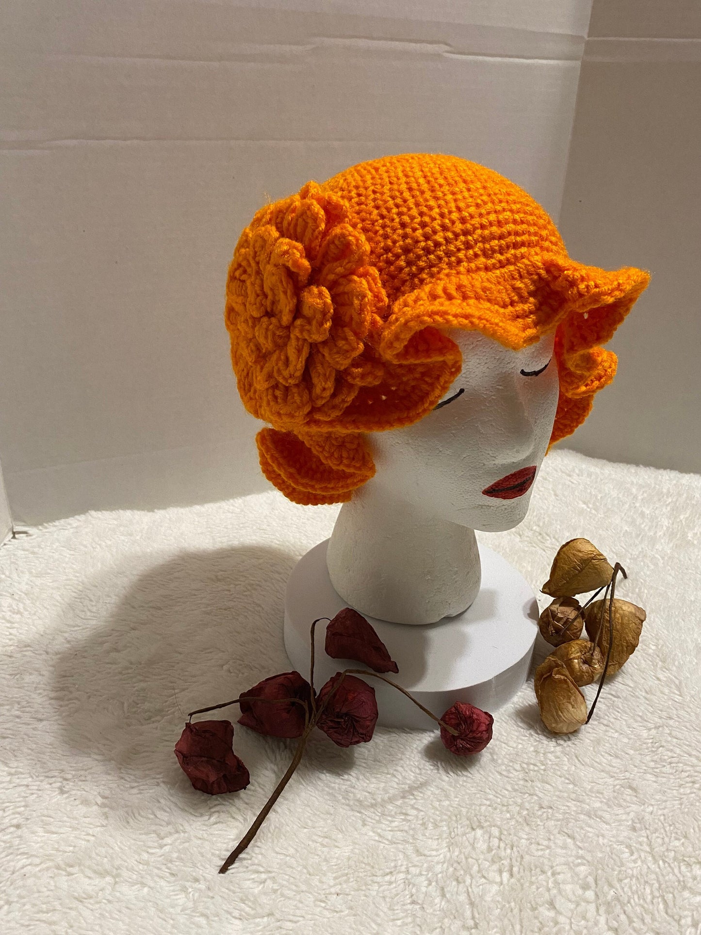 Crochet Bucket Hat with Flower: Orange Acrylic Handmade Women's Hat