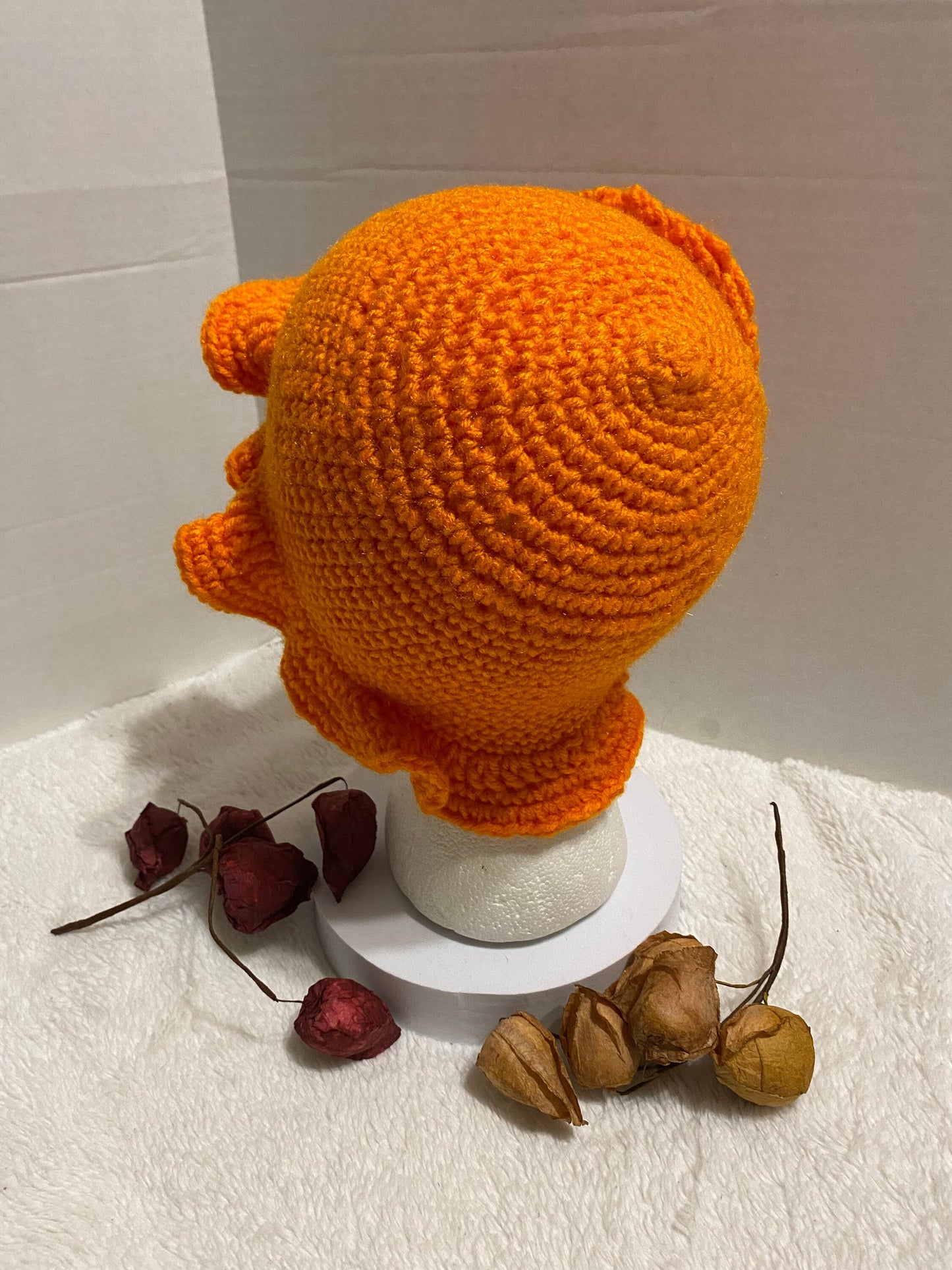 Crochet Bucket Hat with Flower: Orange Acrylic Handmade Women's Hat