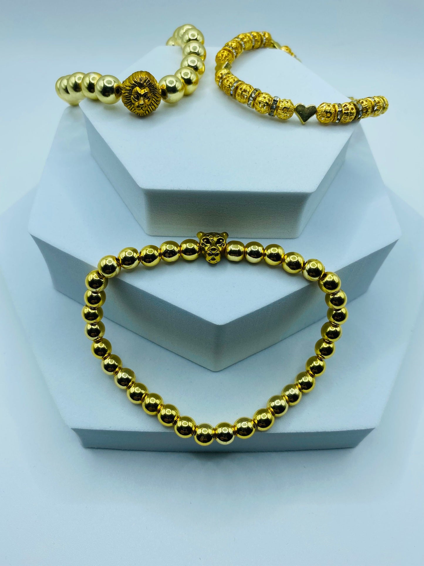 18K Gold Plated Tennis Bracelet: Hematite Beads & Leopard Charm
