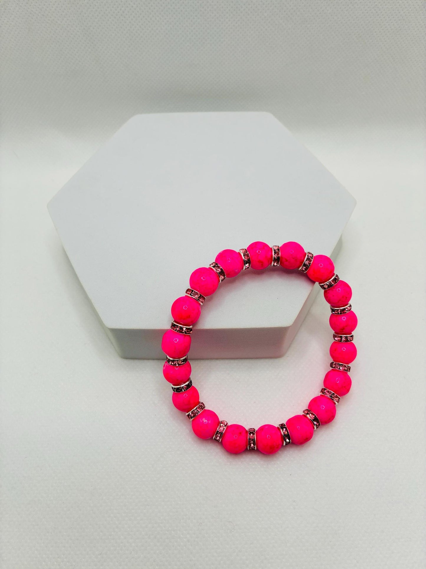 Hot Pink Crystal Glass Bead Bracelet with Silverplated Pink Rhinestone Rondelles
