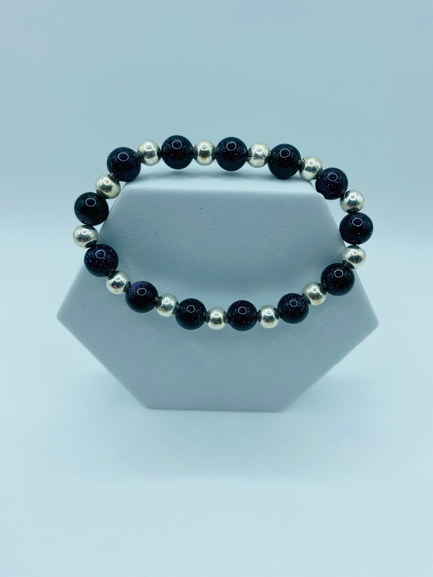 Beaded Bracelet Silver Hematite & Blue Sandstone Gemstone Beads - Mens Bracelet - Bracelets for Women