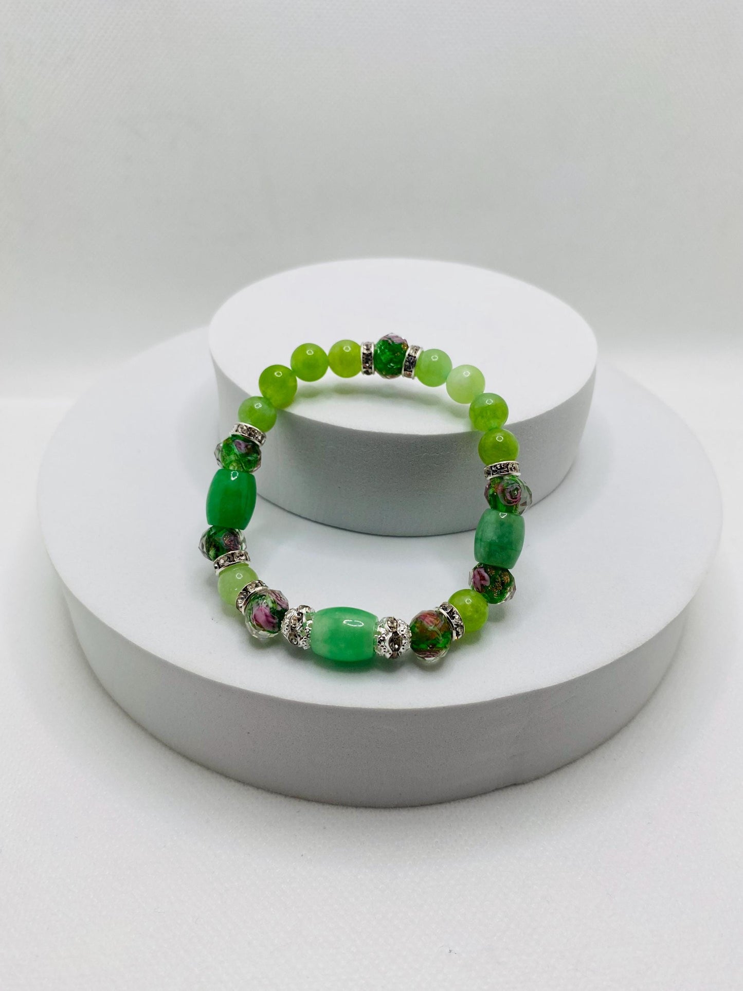 Peridot Bracelet: Green Lampwork Glass Beads, Silver Rhinestone Accents