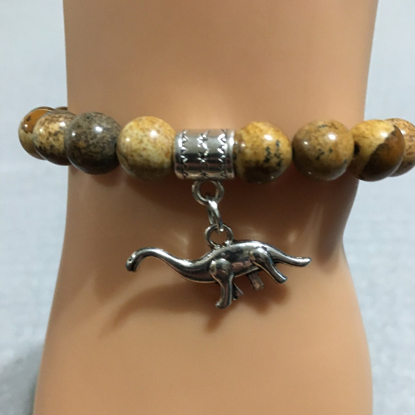 Picture Jasper Dinosaur Bracelet: Brontosaurus Charm, Jurassic Jewelry