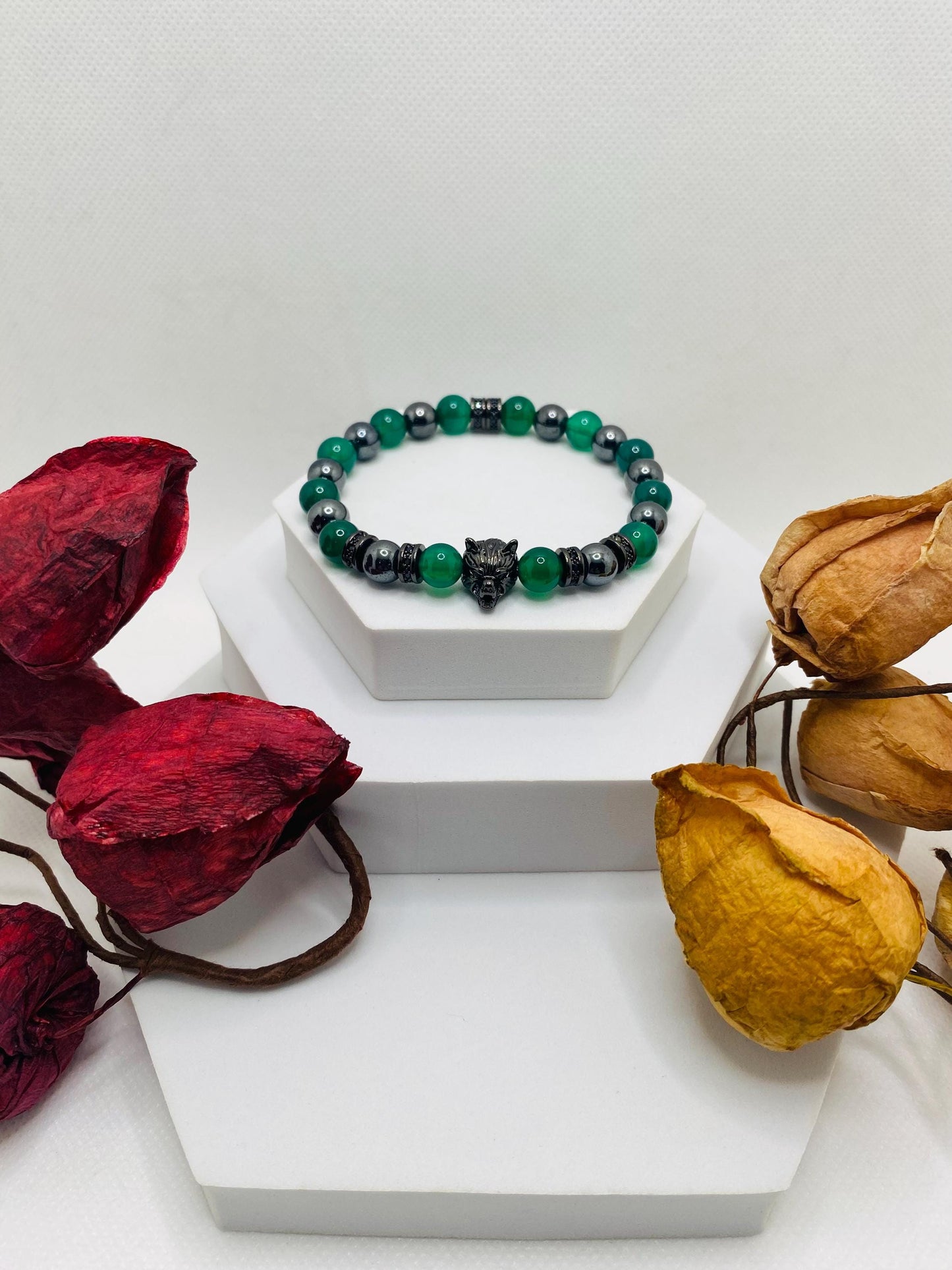Black Wolf Charm Bracelet: Jade & Hematite Gemstone Beads