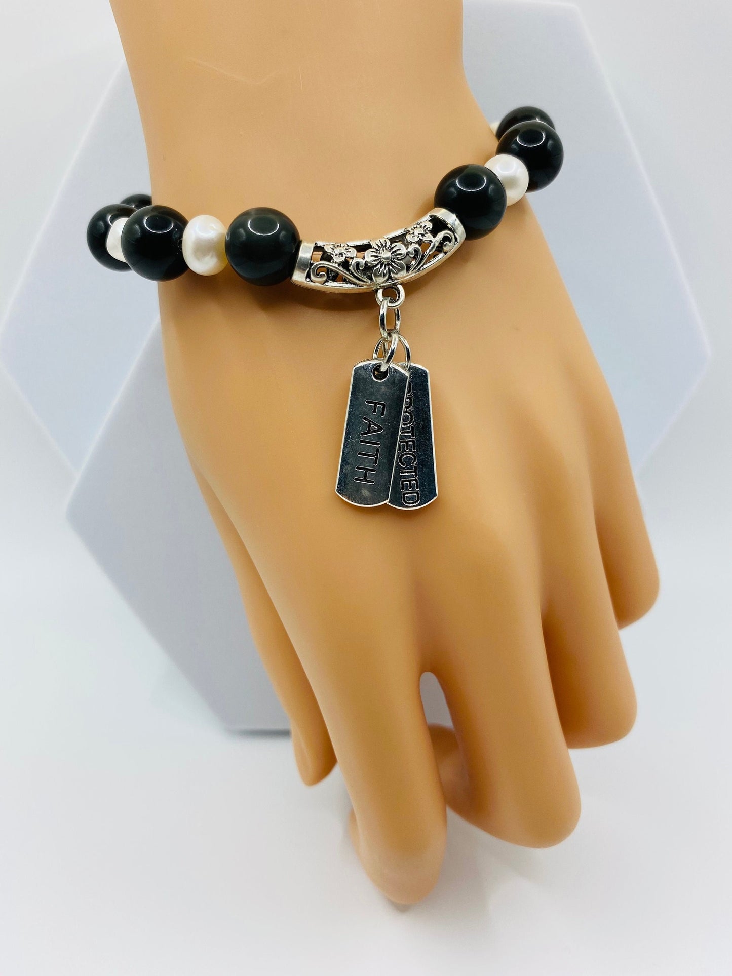 Onyx & Pearl Charm Bracelet: Inspirational Word Charms, Handmade