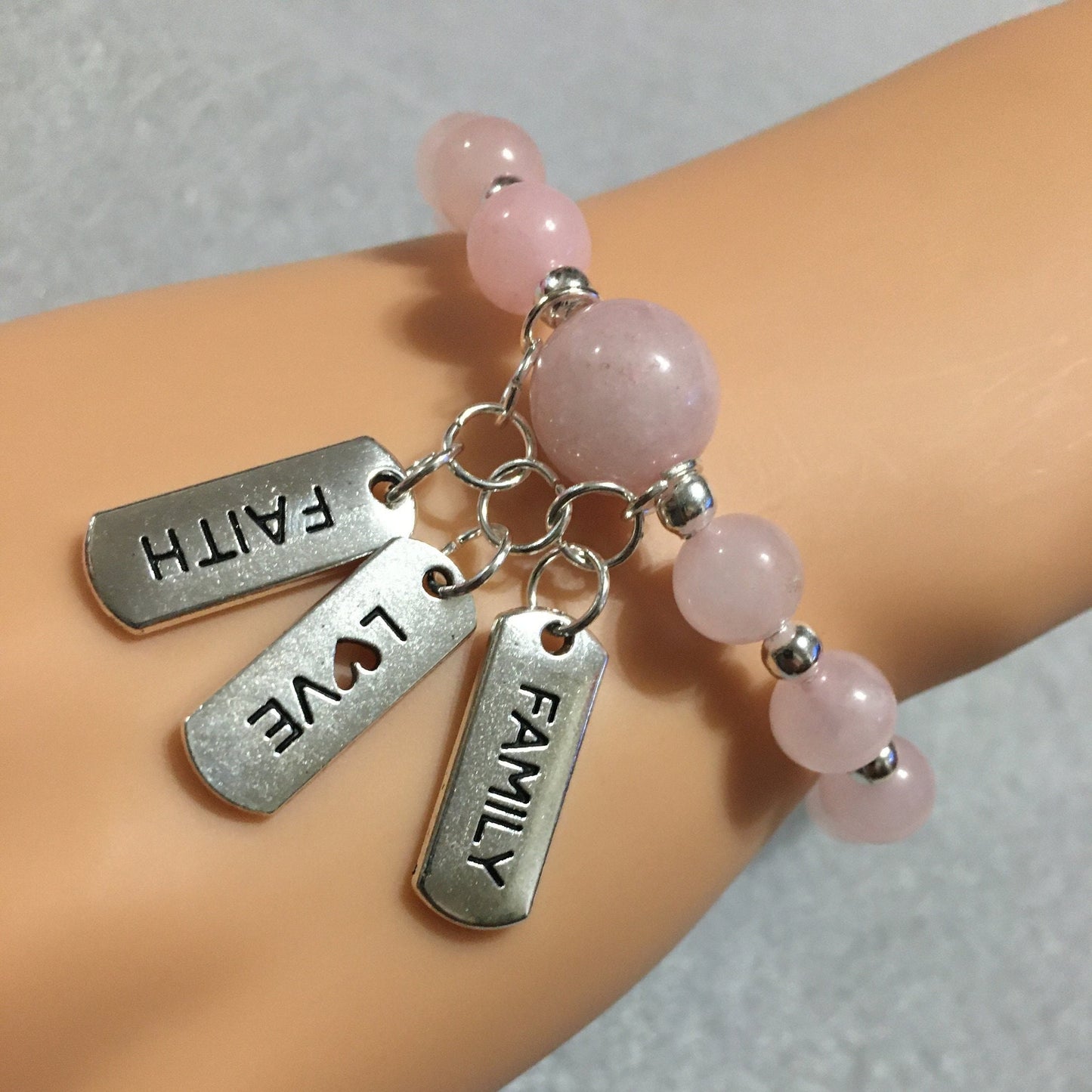 Rose Quartz Charm Bracelet for Women, Inspirational Quotes & Hematite Gemstone Beads - Gifts for Her
