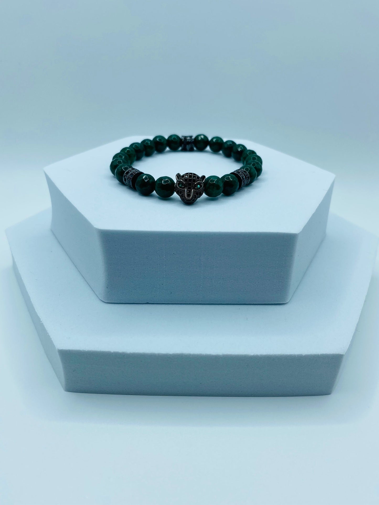 Emerald Green Jade Bracelet: Black Panther Charm, Rhinestone Spacers