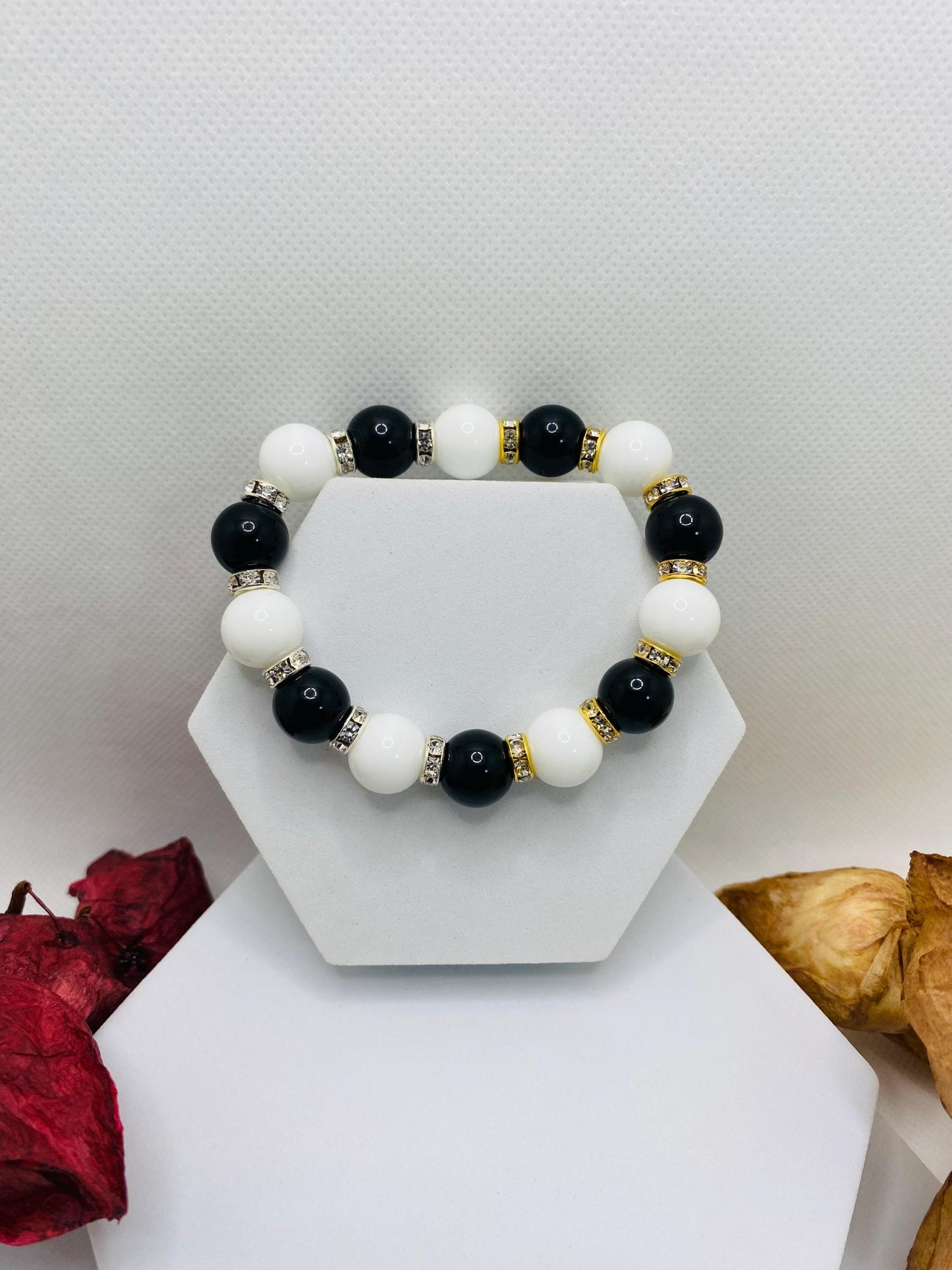 Onyx Gemstone Beaded Bracelet: Black & White Handmade Jewelry