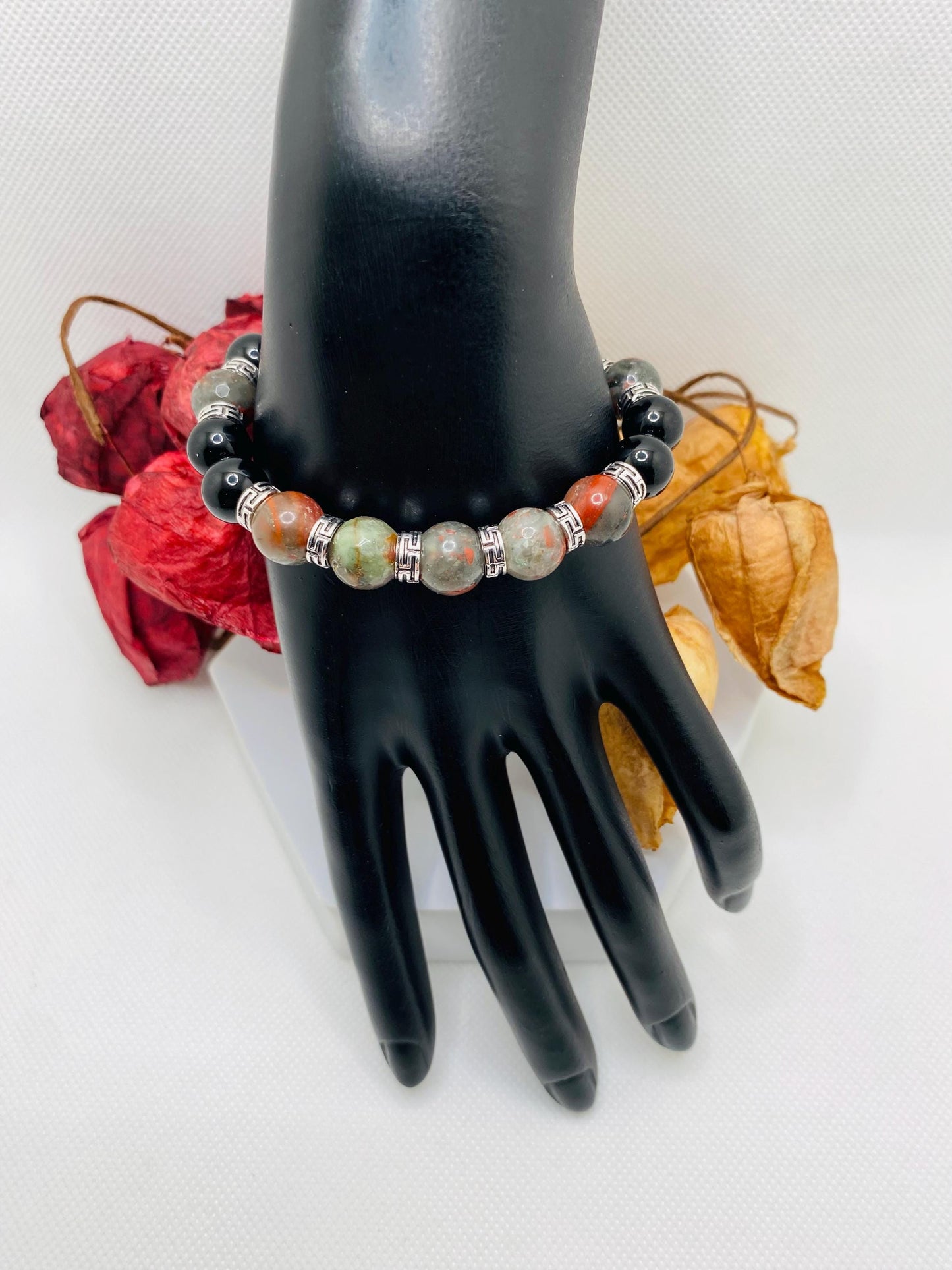 Mens Beaded Bracelet with Onyx & African Jasper Bloodstones, Tibetan Jewelry, Gifts for Men