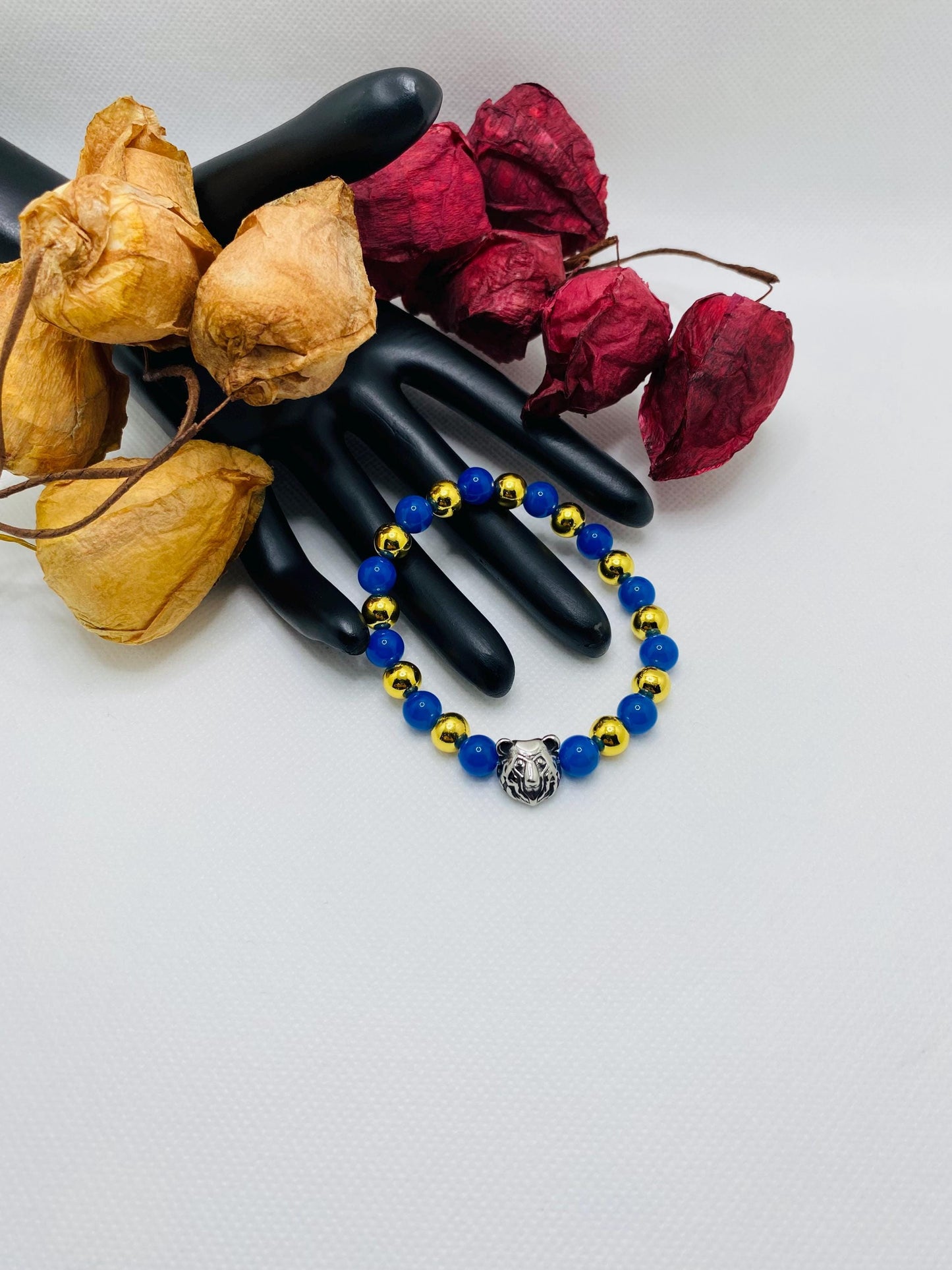 UCLA Bruins Bracelet: Blue Agate, Gold Hematite, Bear Charm