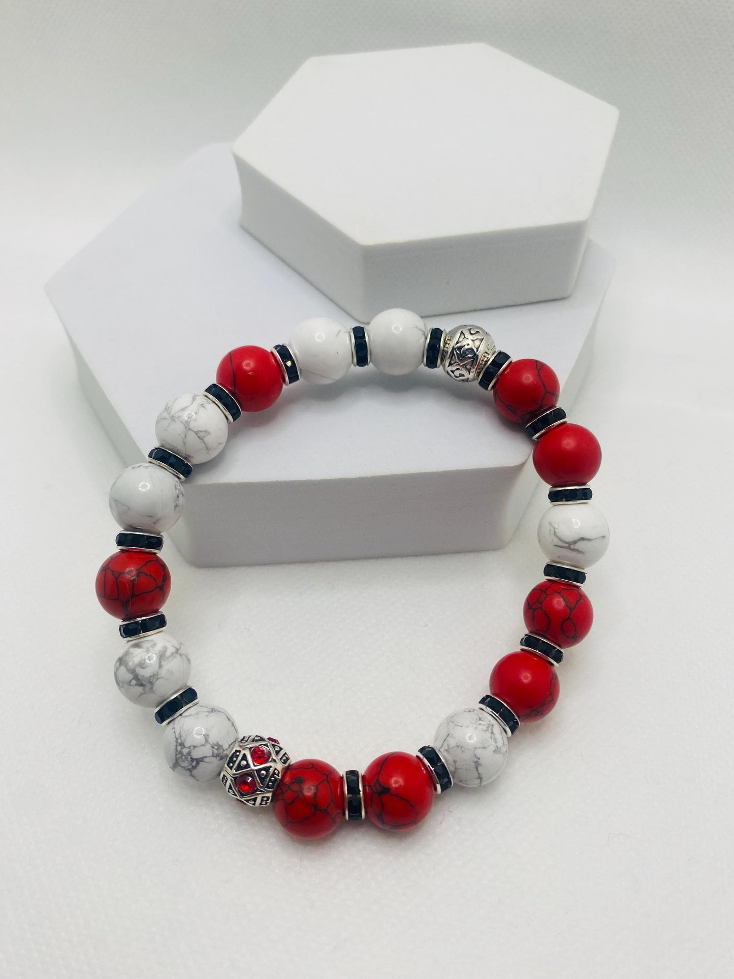 Mens Red Turquoise & Howlite Beaded Bracelet: Silver Rhinestone Charm