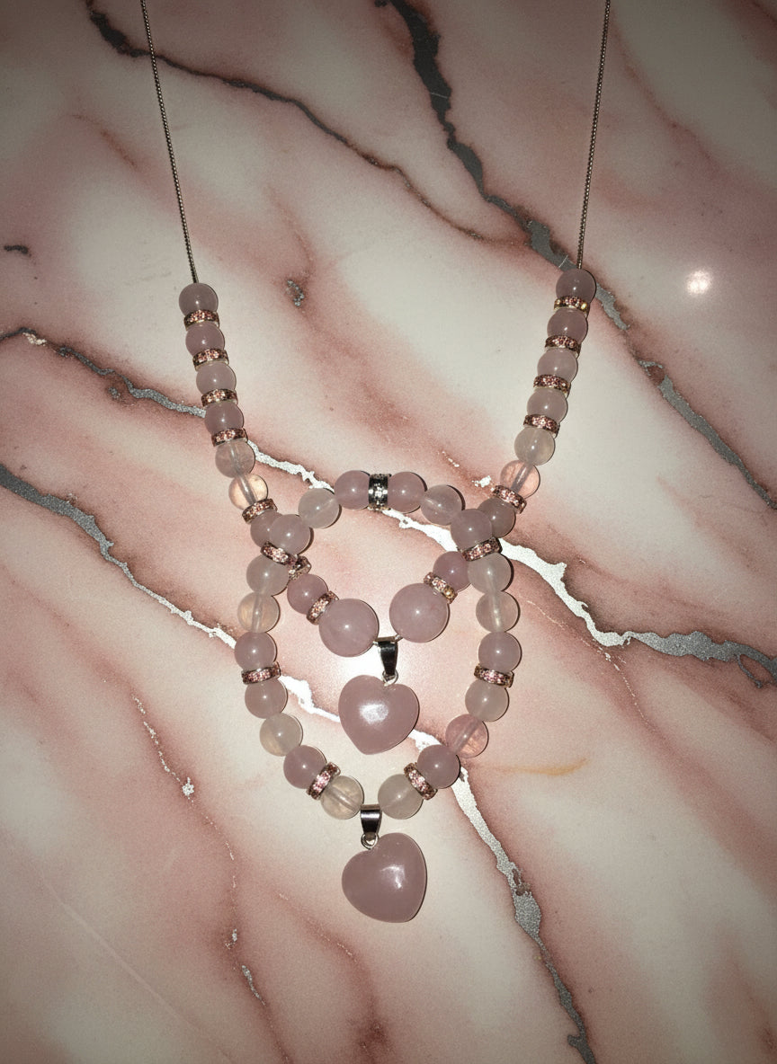Rose Quartz Heart Necklace & Bracelet Set: Beaded Gemstone Jewelry