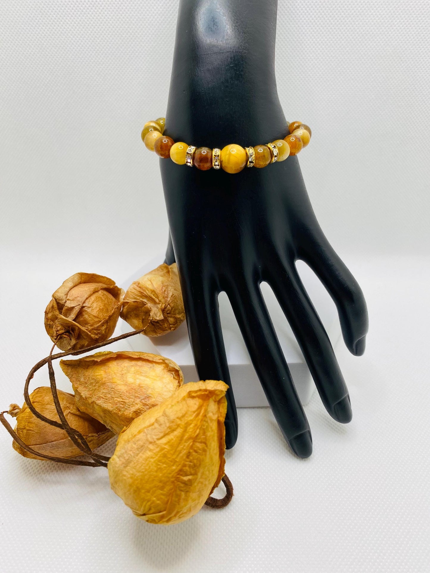Tigers Eye & Agate Beaded Bracelet: Gold Rhinestone Spacers