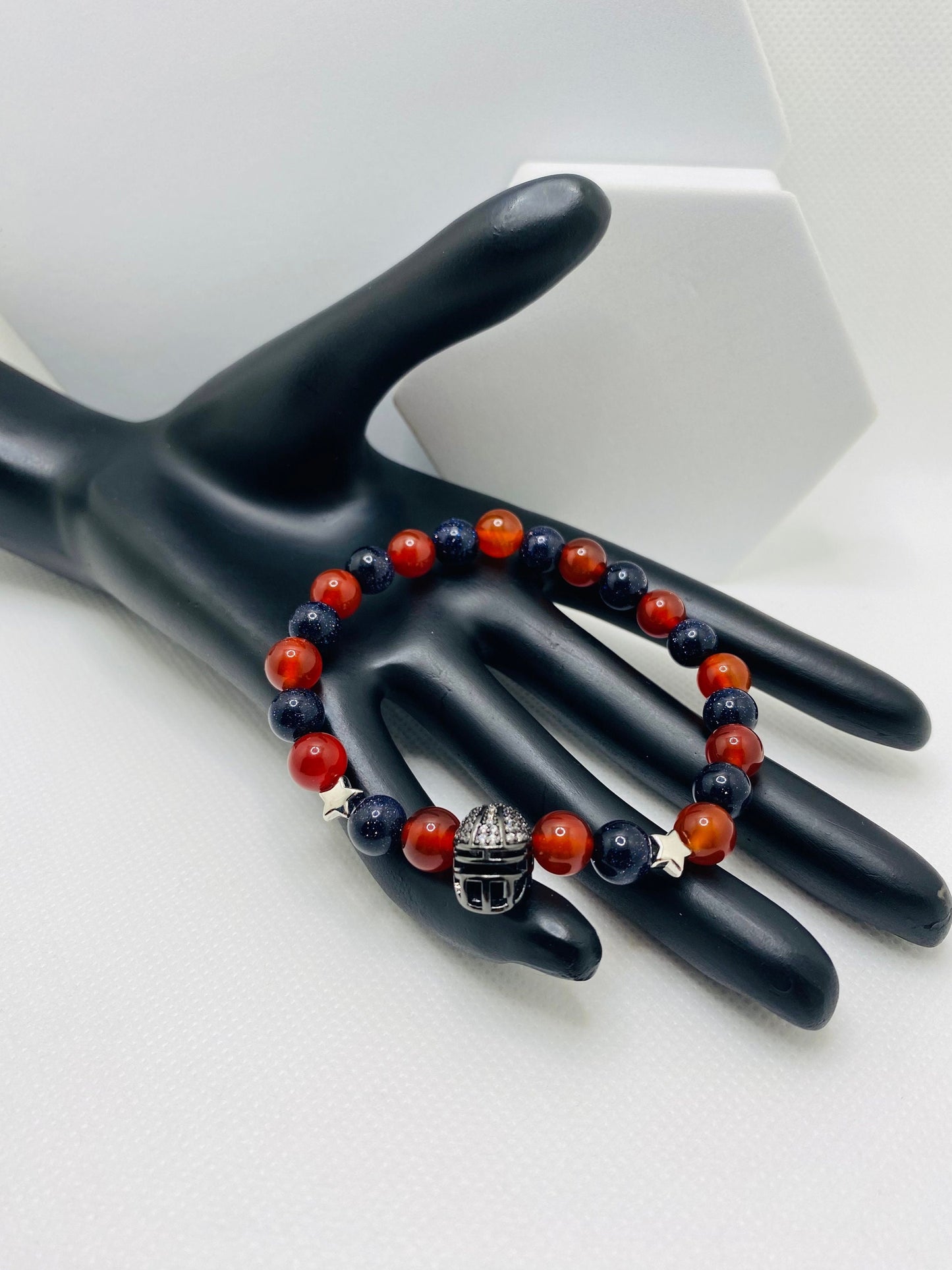 Houston Texans Bracelet: Carnelian, Sandstone Beads & Football Helmet Charm