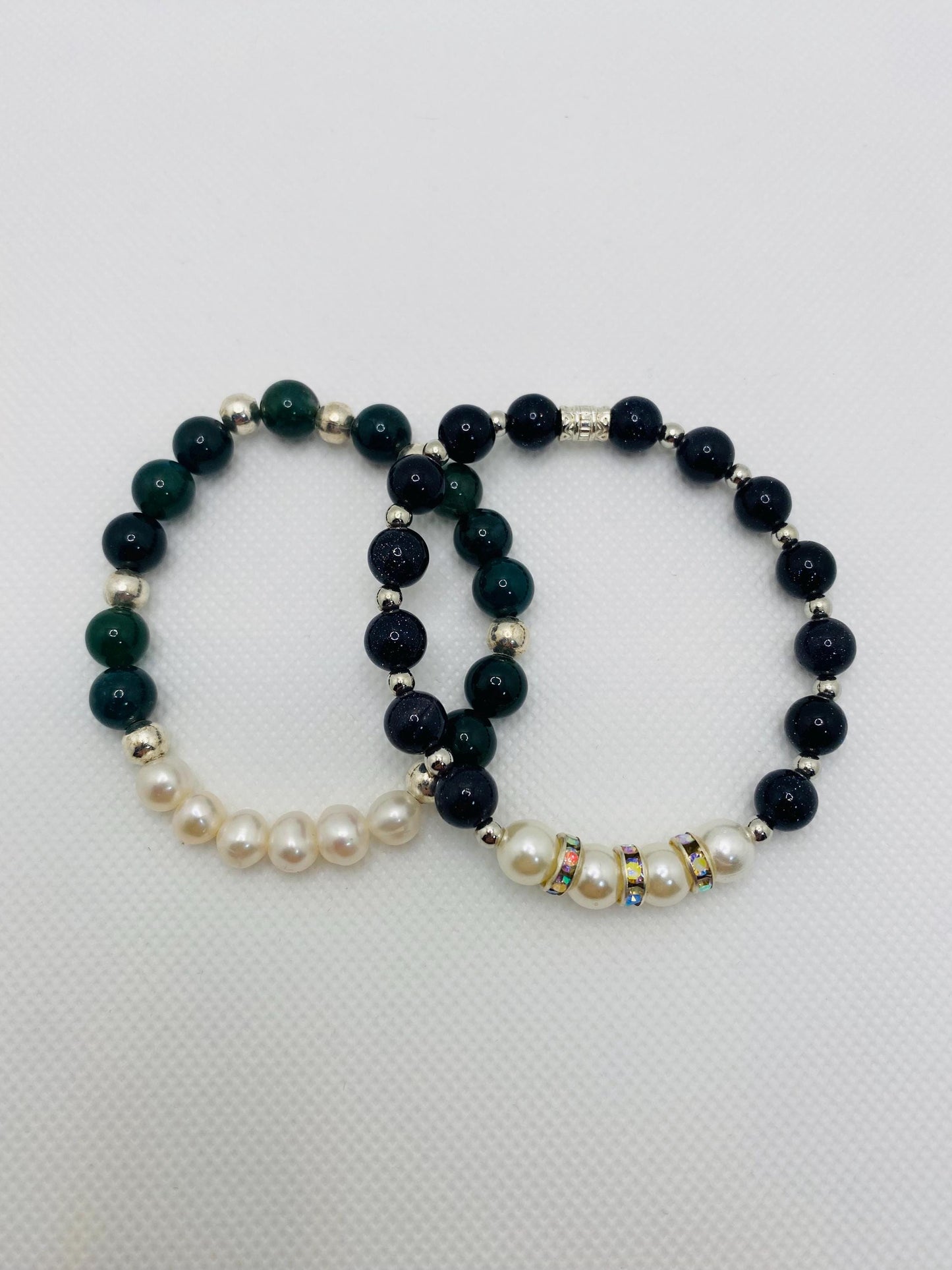 Handmade Pearl Bracelet Set: Moss Agate & Blue Sandstone Beads