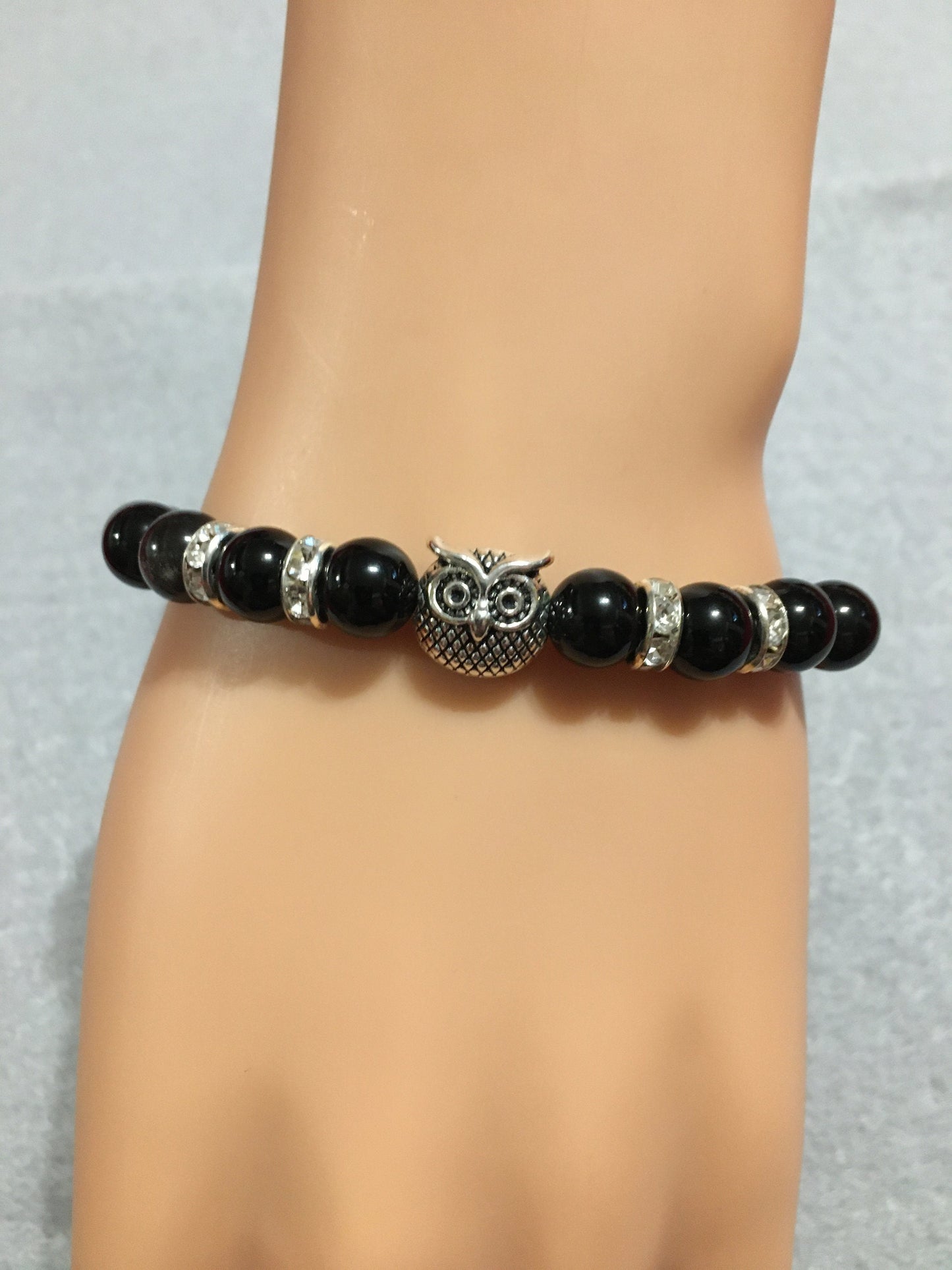 Chakra Stone Bracelet: Black Onyx Beads with Rhinestone Owl Charm