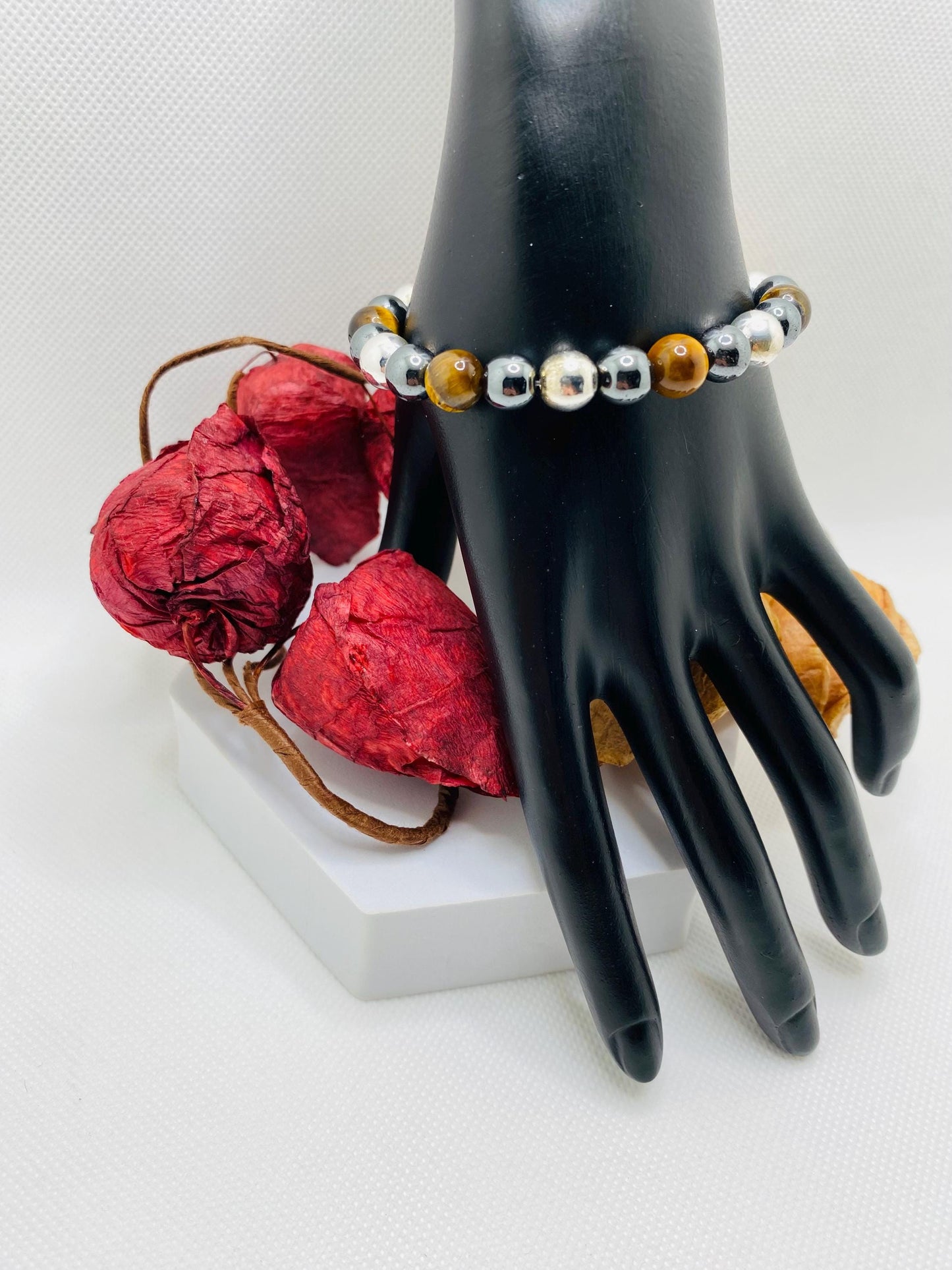 Mens Tigers Eye & Hematite Beaded Bracelet - Handmade Gemstone Jewelry