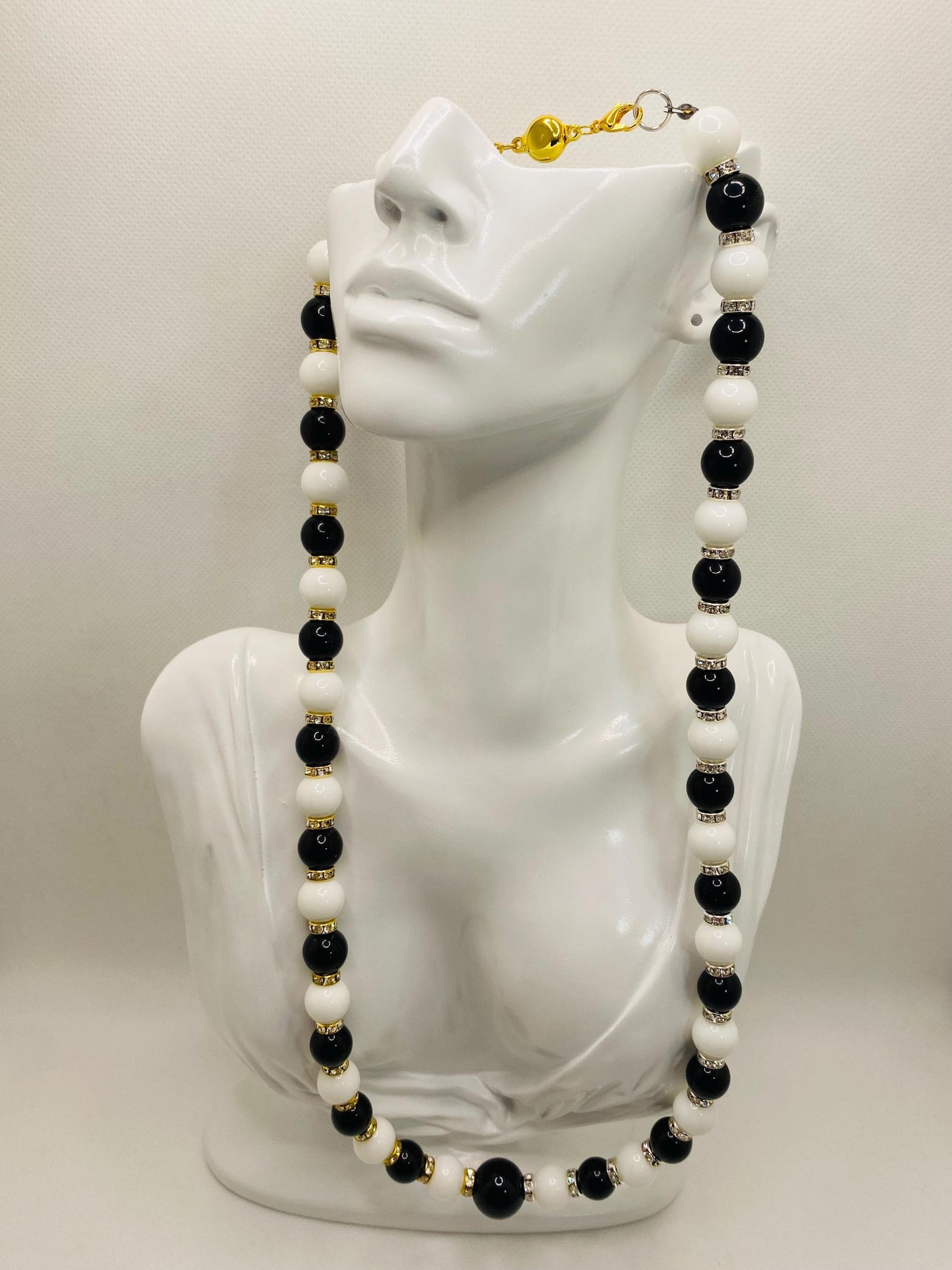 Handmade Onyx Gemstone Necklace: Black & White Beaded Jewelry