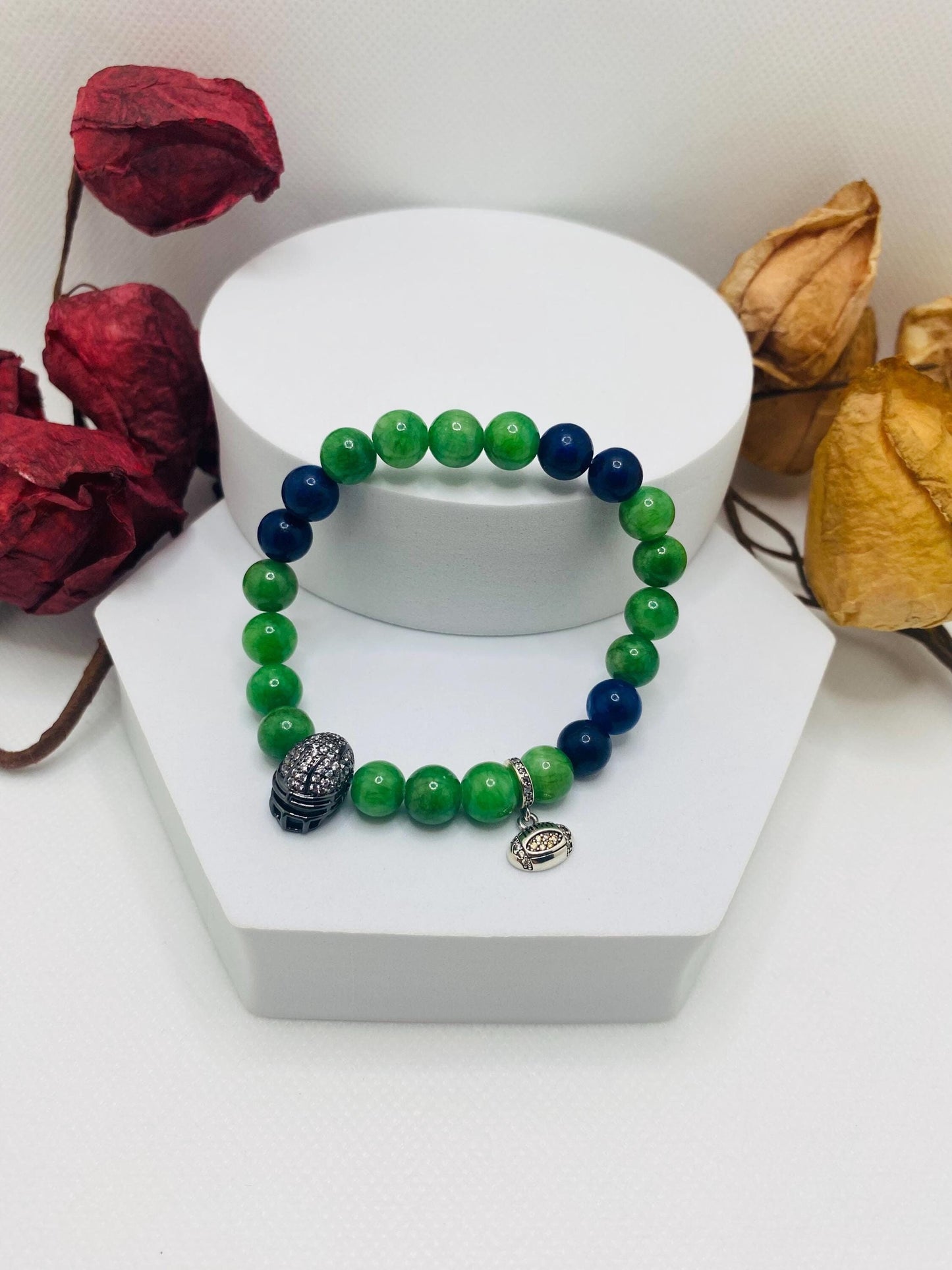 Seattle Seahawks Beaded Bracelet: Chalcedony, Lapis Lazuli, Football Charms