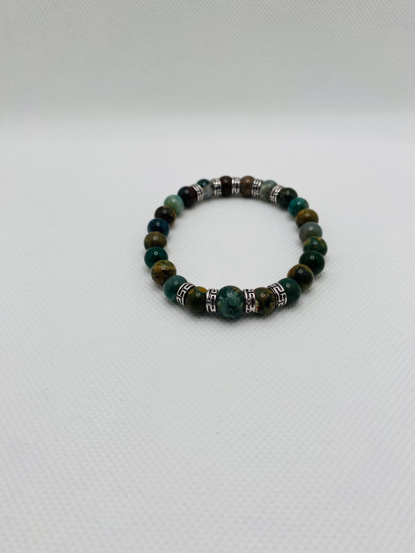 Handmade Indian Moss Agate Bracelet: Tibetan Silver Spacers