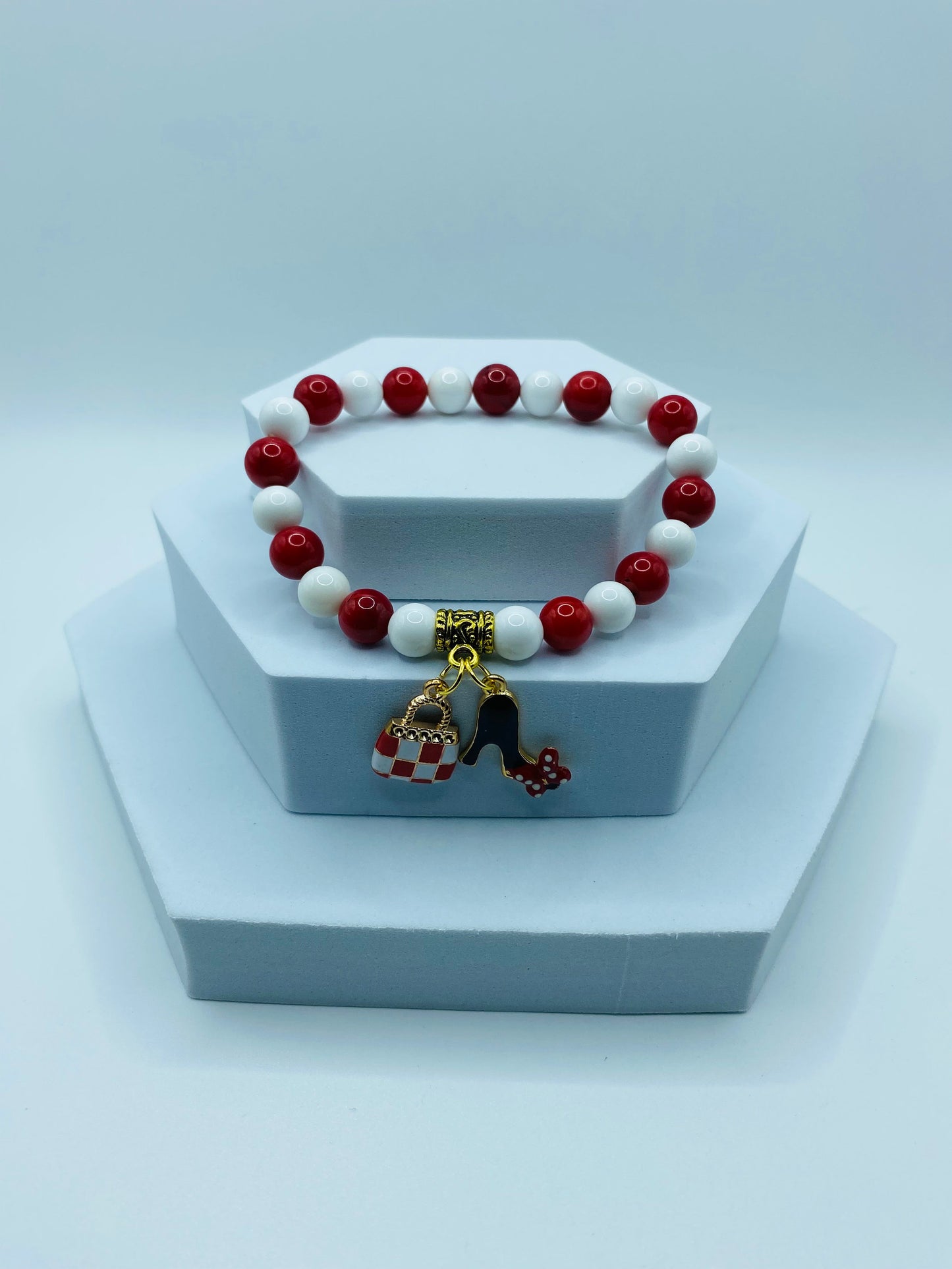 Charm Bracelets with Purse Charm & Shoe Charms - Red Coral, White Porcelain Gemstone Beads - Gifts for Her