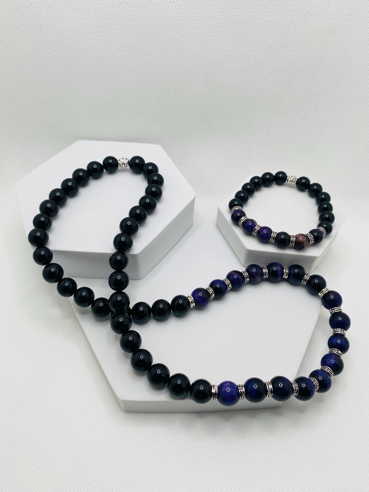 Handmade Purple Tiger Eye & Onyx Gemstone Jewelry Set