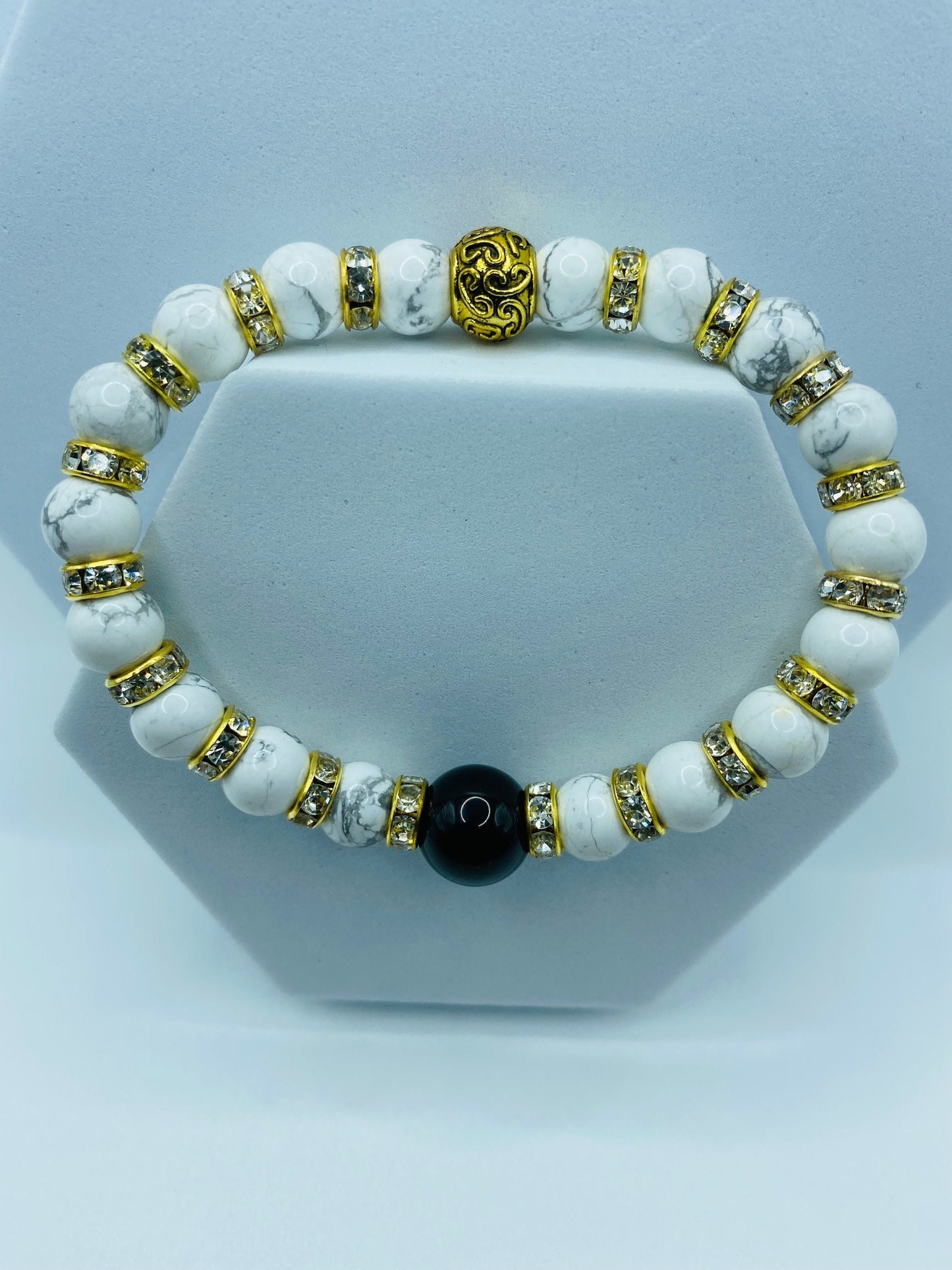 Mens Black Onyx & Howlite Gemstone Bracelet with Rhinestones