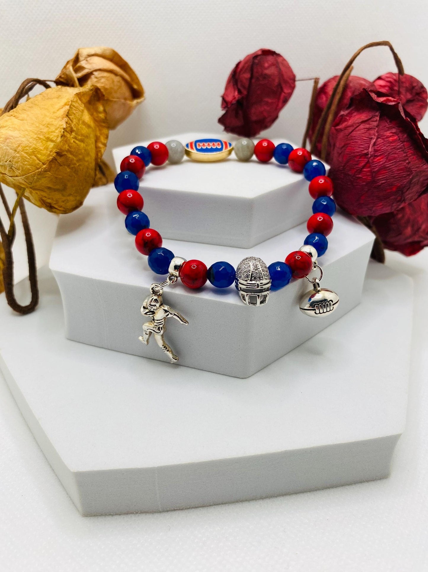 New York Giants Gemstone Charm Bracelet: Football Fan Gift