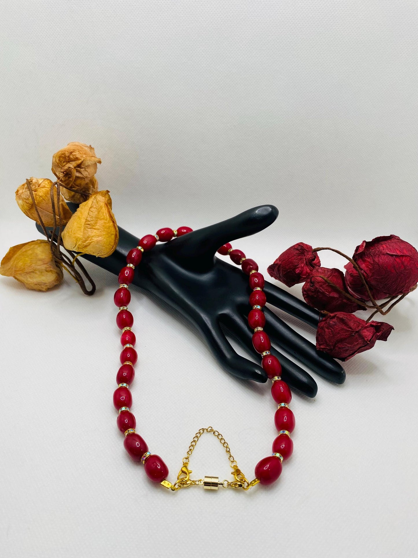 Red Jade Gemstone Necklace: Rhinestone Rondelles, Magnetic Clasp