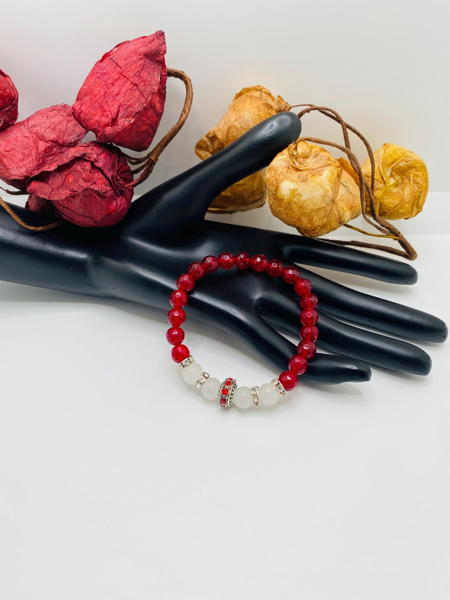 Red Agate & White Jade Charm Bracelet: Silver Rhinestone Accents