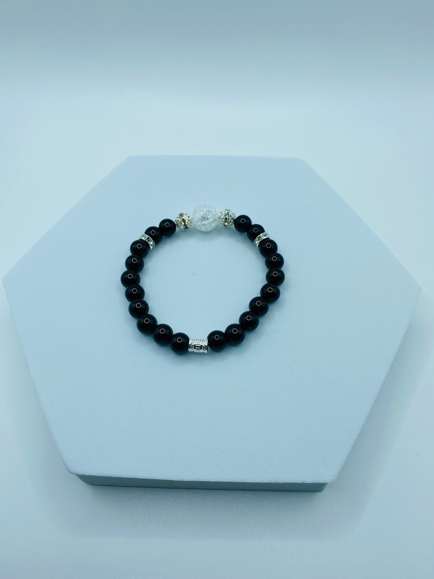Handmade Black Onyx Bracelet: Crackle Quartz Crystal, Silver Accents