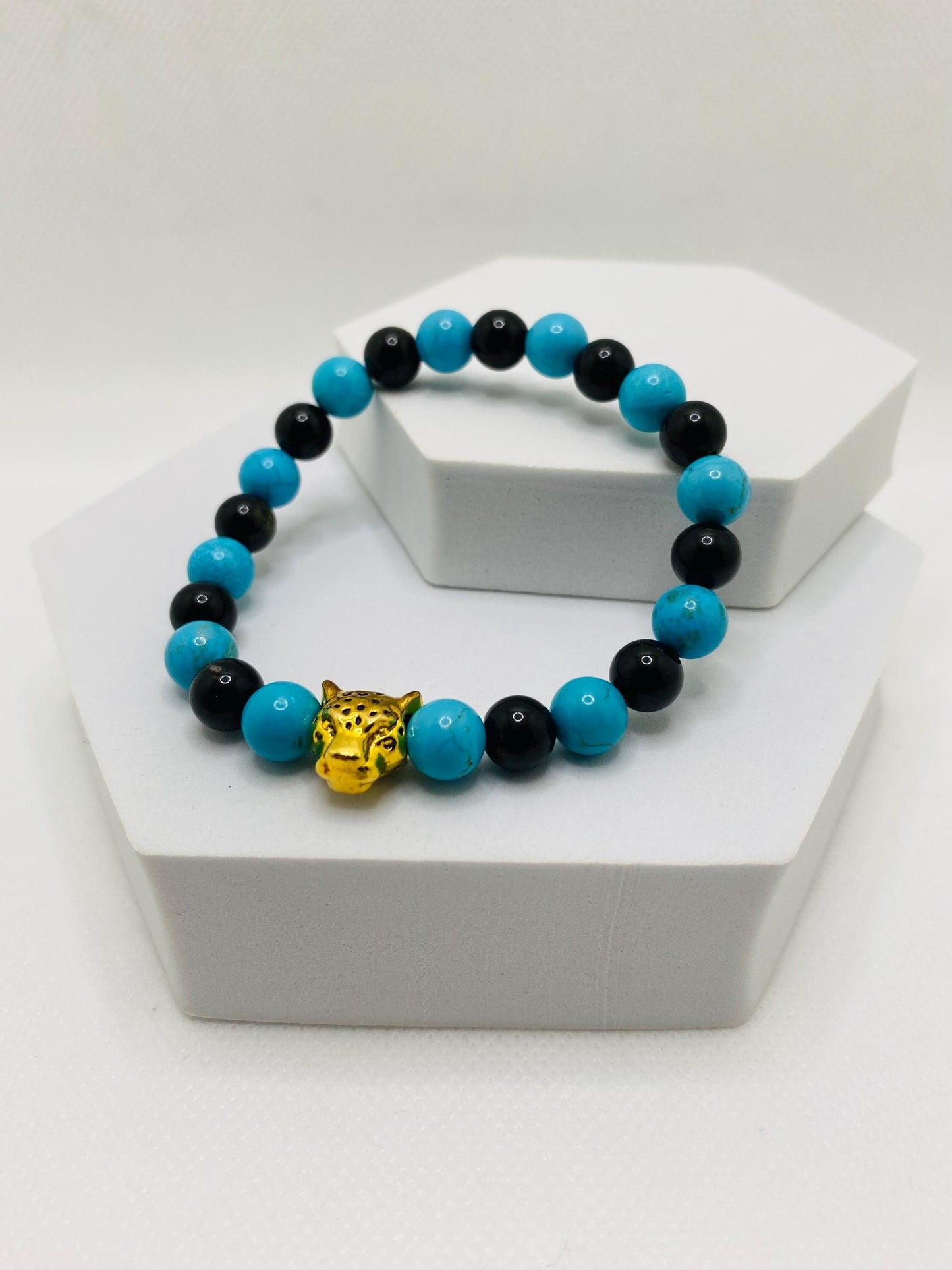 Jacksonville Jaguars Bracelet: Jade & Onyx Gemstone Beads with Gold Jaguar Charm