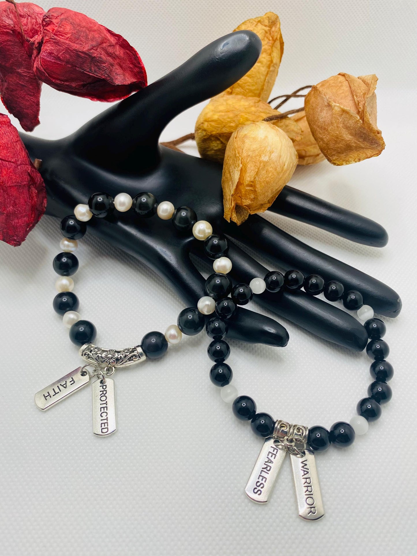 Obsidian & Pearl Charm Bracelet: Stainless Steel Inspirational Quotes