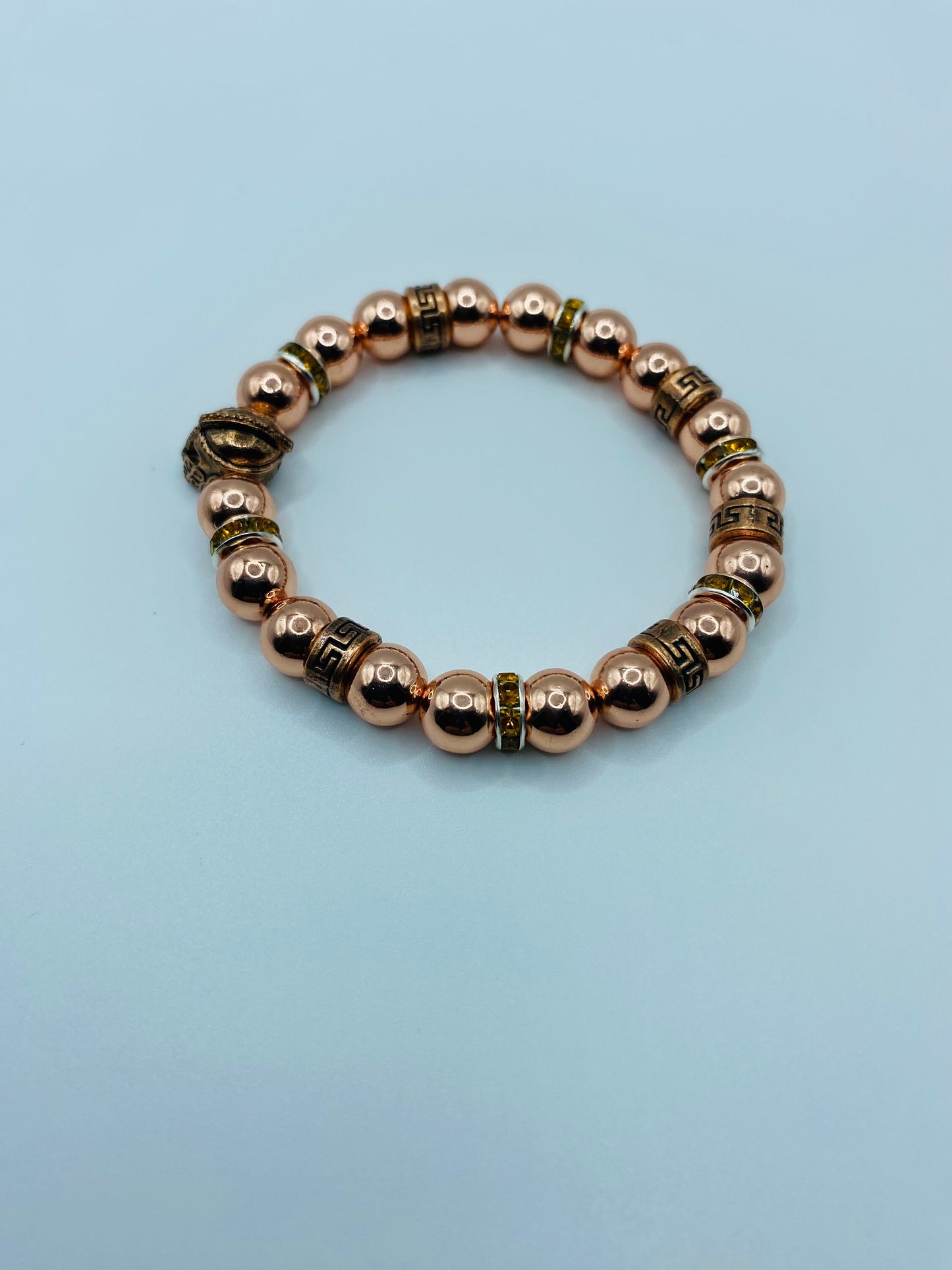 Rose Gold Spartan Helmet Bracelet: Hematite Gemstone Beaded Warrior Jewelry