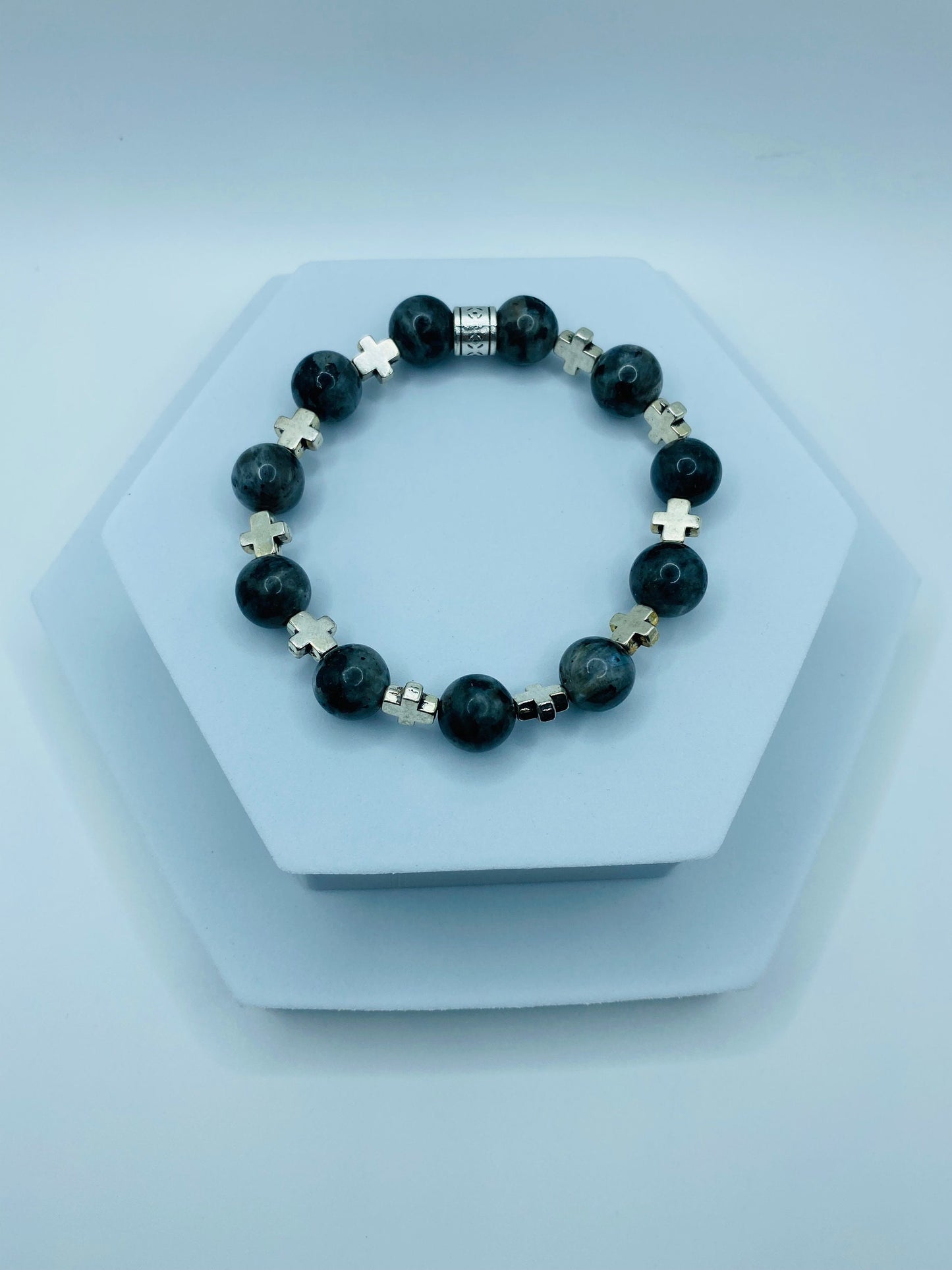 Mens Labradorite Beaded Bracelet with Silver Cross Charms