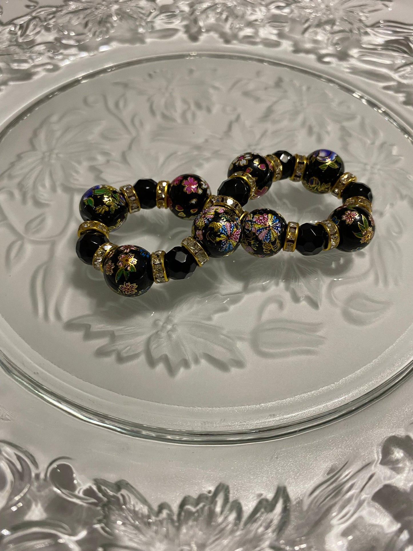 Black Onyx Bracelet: Hand-Painted Floral Glass Beads, 18k Gold Rhinestone