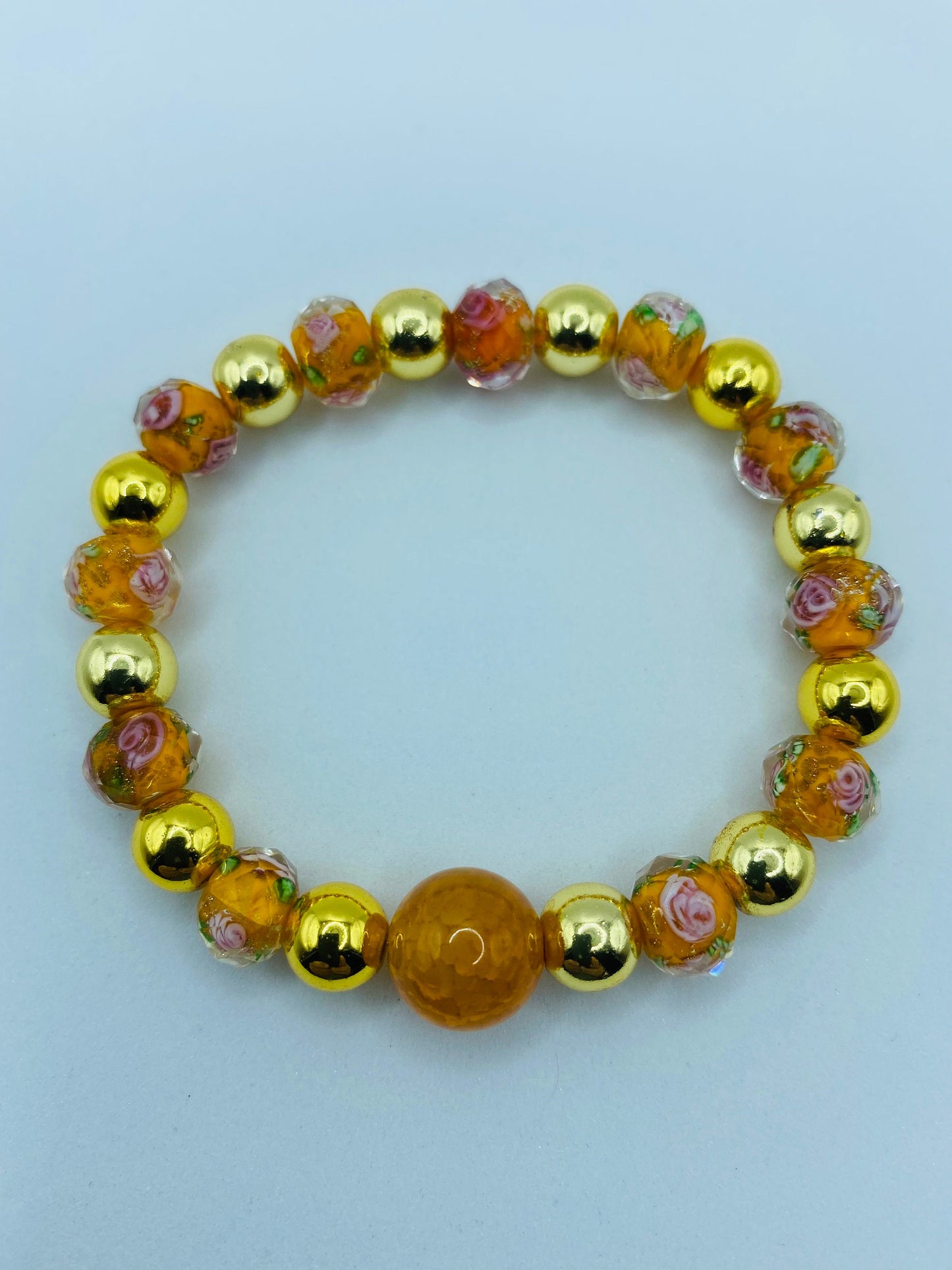 Handmade Fire Agate Bracelet: 18K Gold Hematite & Lampwork Floral Beads