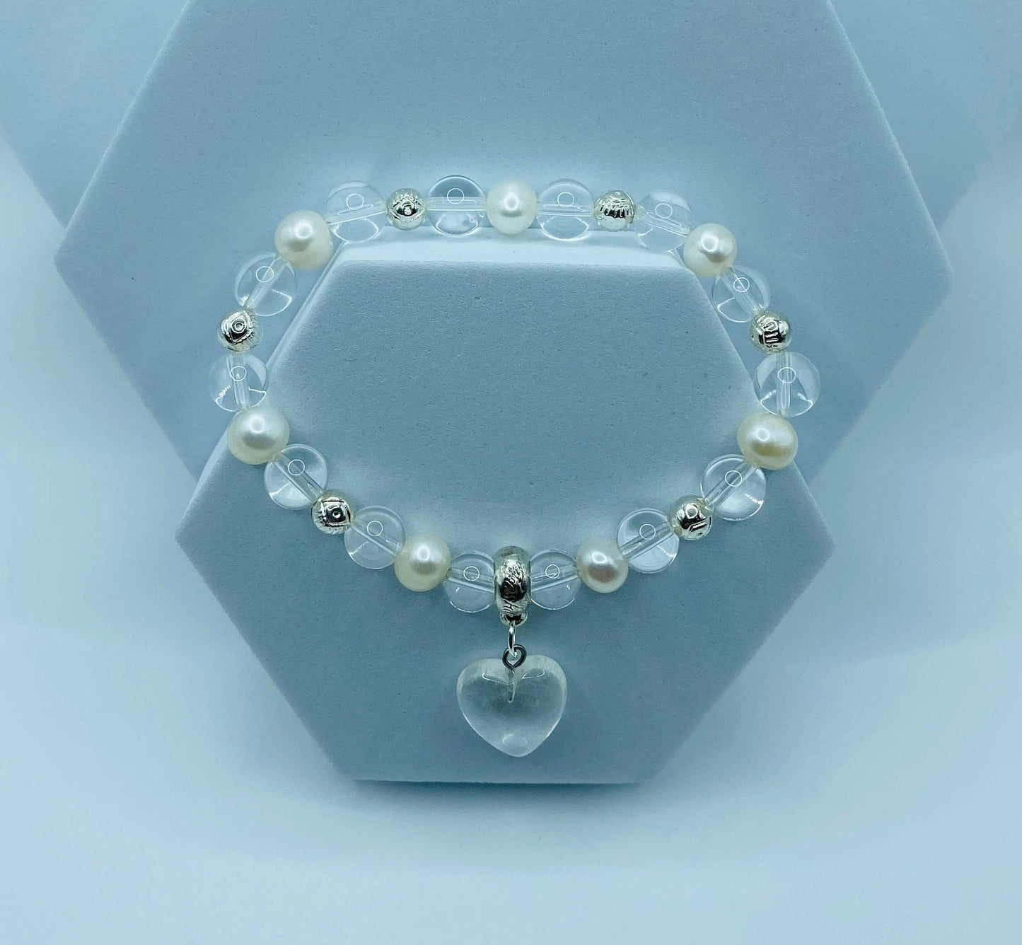 Clear Quartz Crystal Bracelet: Baroque Pearls & Heart Charm