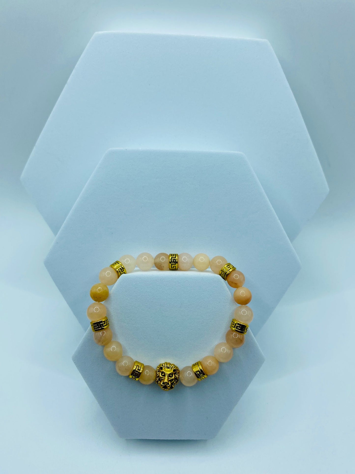 Pink Jade Lion Bracelet: Gold Tibetan Charm Bracelet