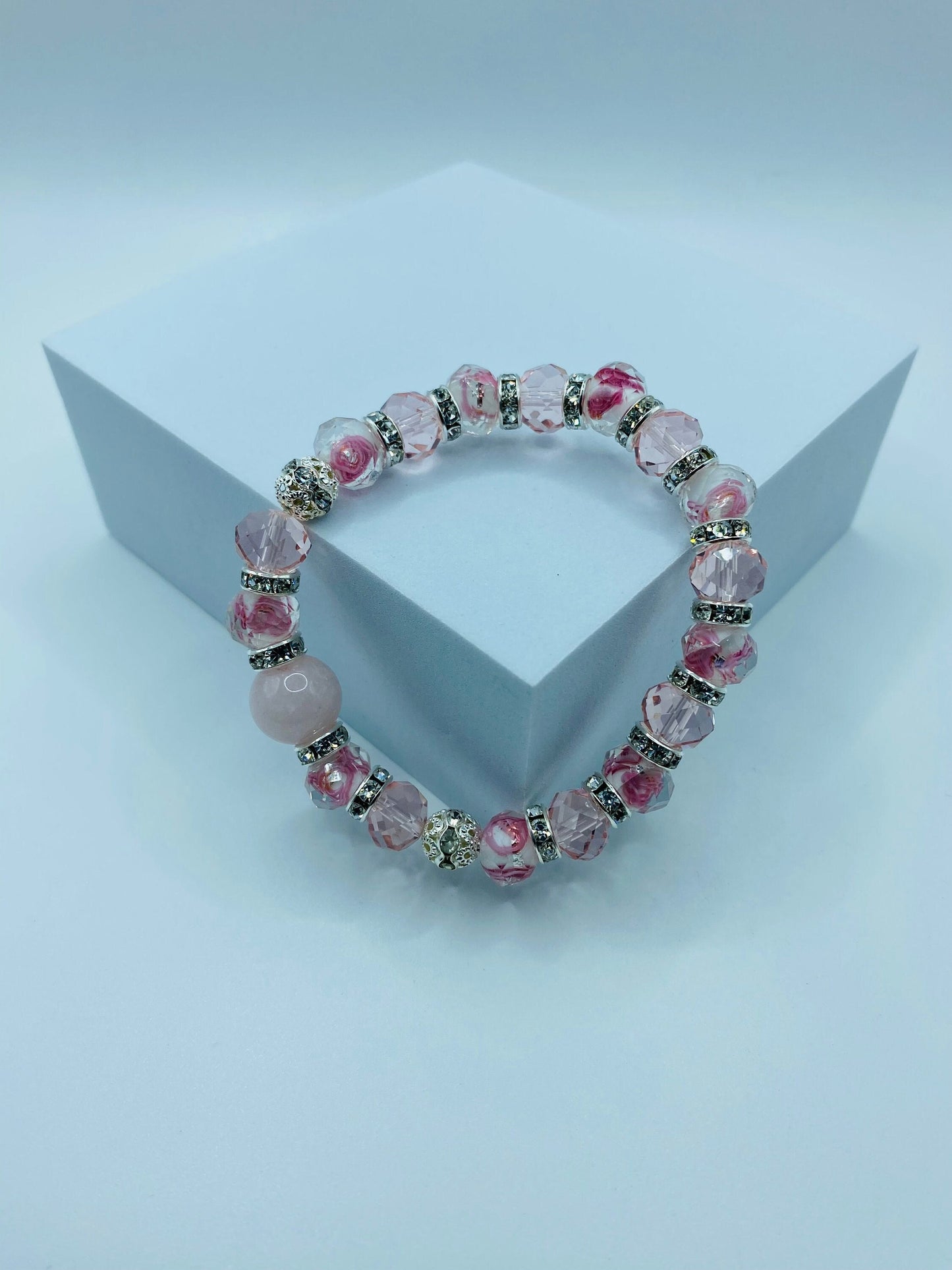 Lampwork Beads Flower Girl Bracelet - Rose Quartz Crystal Bracelets for Women - Pink Glass Beads