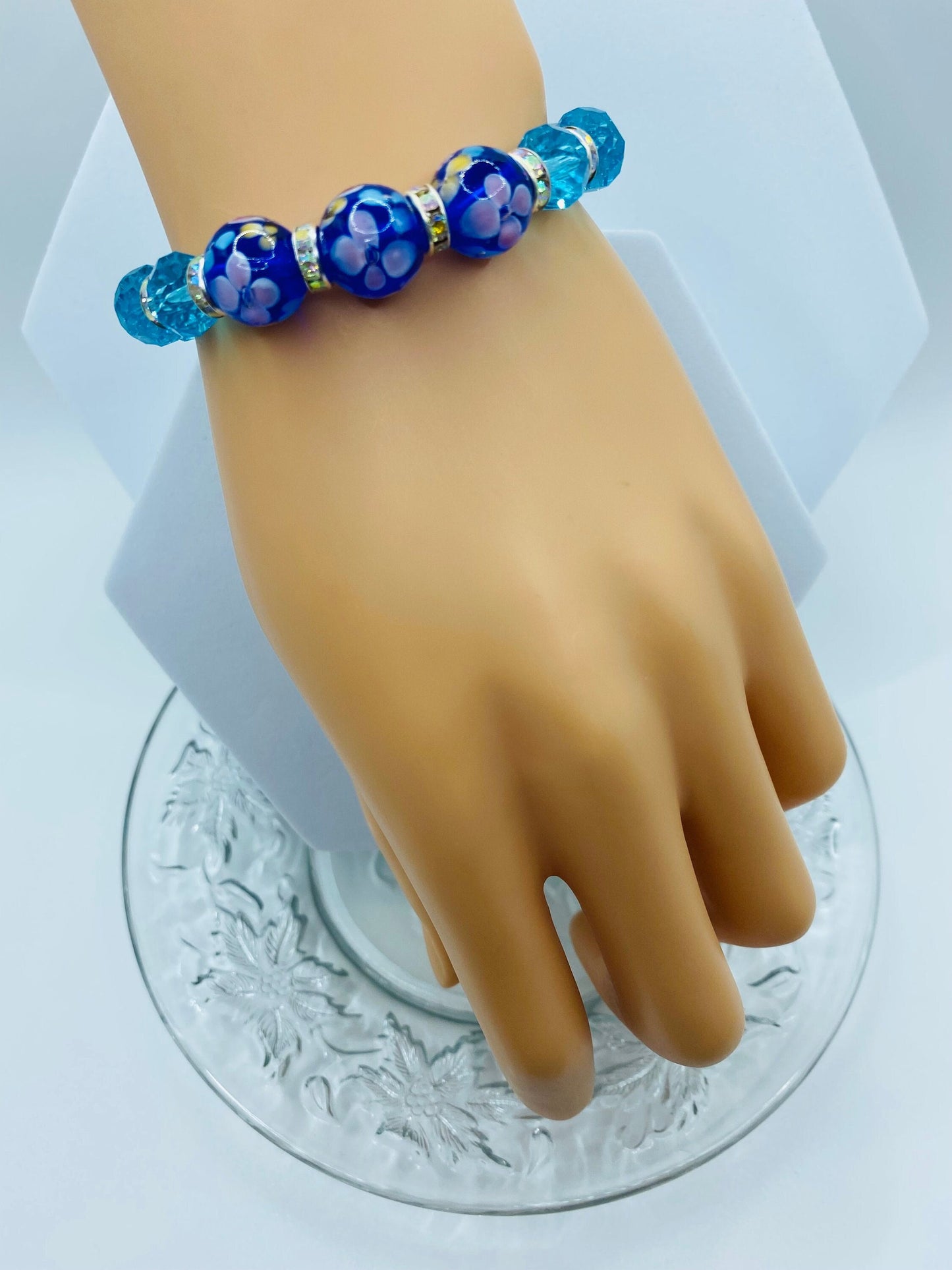 Blue Topaz Crystal Bracelet: Lampwork Floral Glass Beads, Rhinestone Rondelles