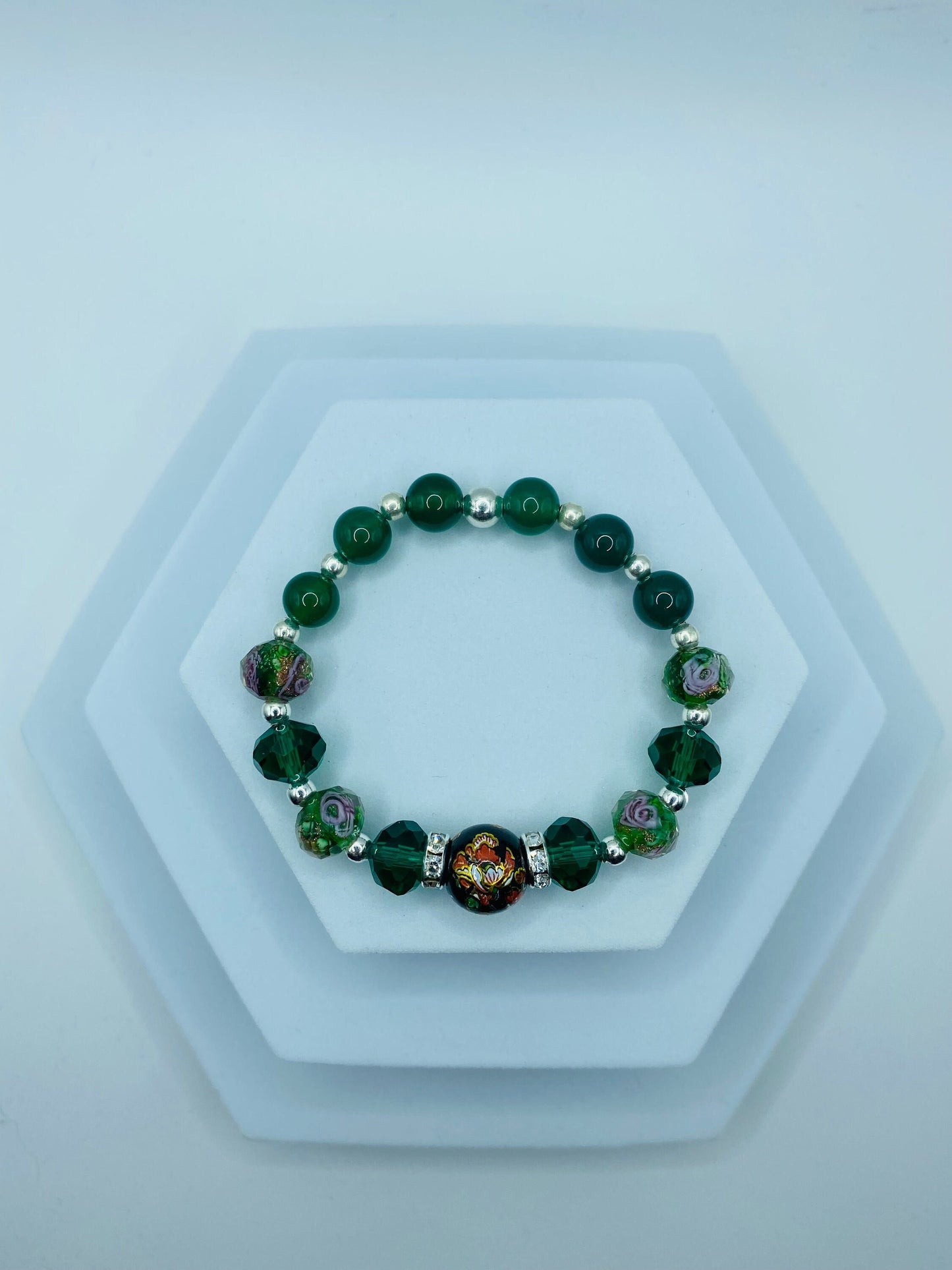 Jade Bracelet: Lampwork Floral Glass Beads & Hematite Gemstones